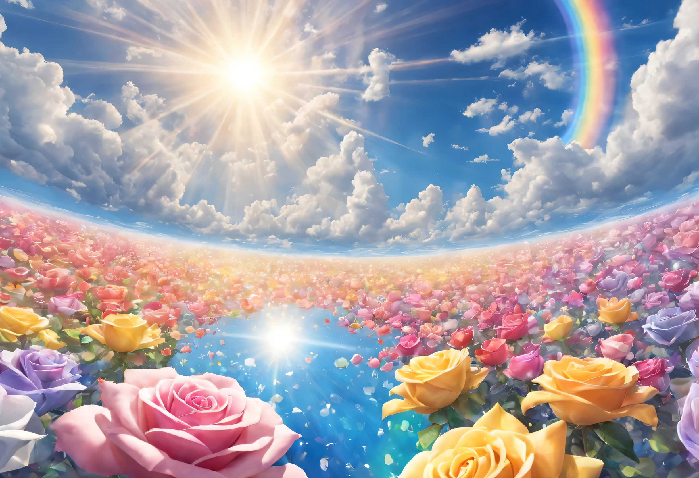 A dazzling sea of roses,rainbow colored petals,Radiate the rays of the sun and moon,Crystal material,Optics,Heaven,cloud,Sunlight,Tyndall effect,reflective,refraction,Ray tracing,super detailed,surreal,Super real photos,best quality
