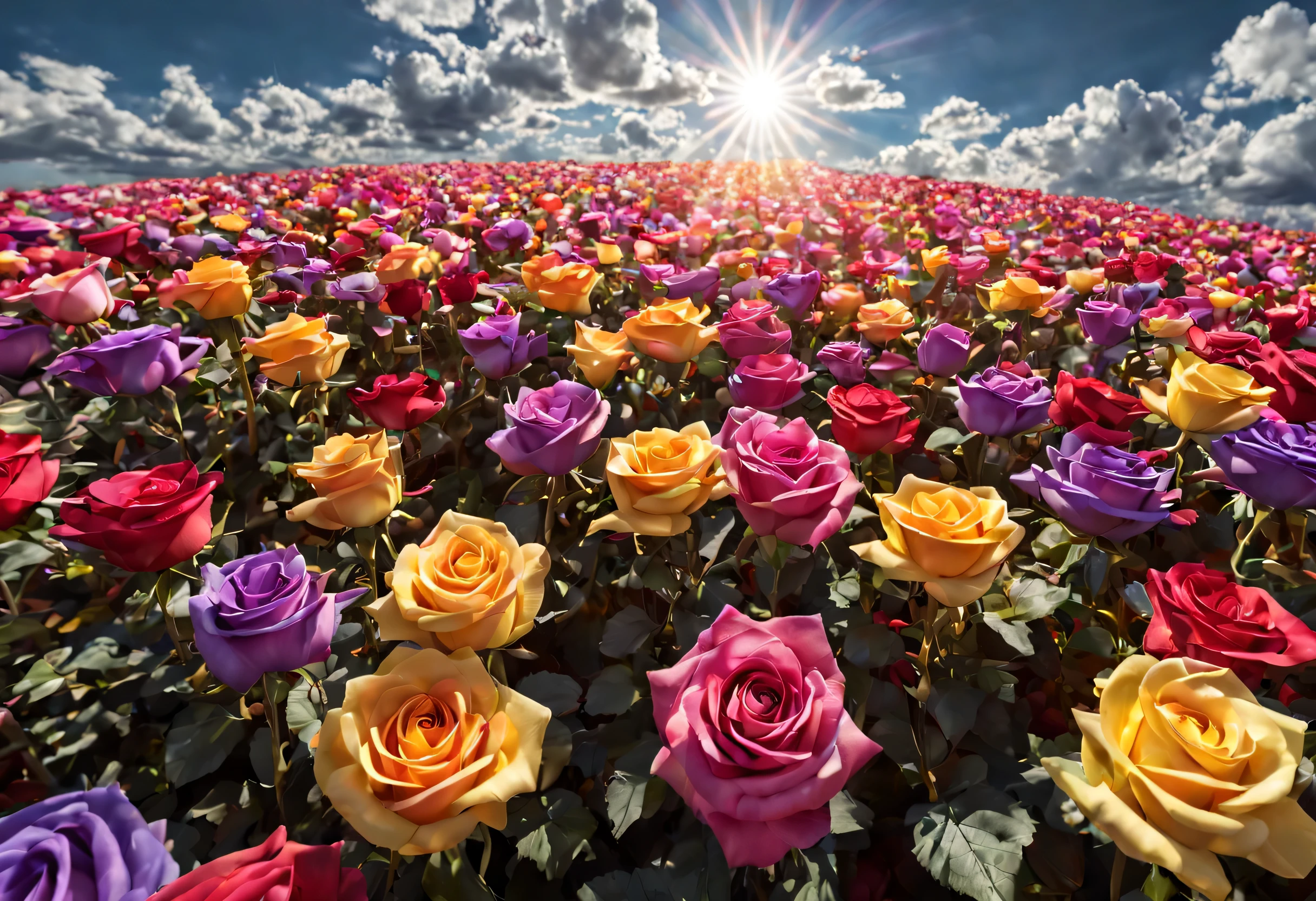 A dazzling sea of roses,rainbow colored petals,Radiate the rays of the sun and moon,Crystal material,Optics,Heaven,cloud,Sunlight,Tyndall effect,reflective,refraction,Ray tracing,super detailed,surreal,Super real photos,best quality