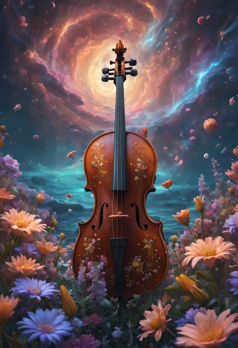 sea of flowers, aesthetic, "old cello covered in celestial cosmic flowers"; detailed matte painting, deep color, fantastical, intricate detail, splash screen, complementary colors, fantasy concept art, 8k resolution trending on artstation Unreal Engine 5