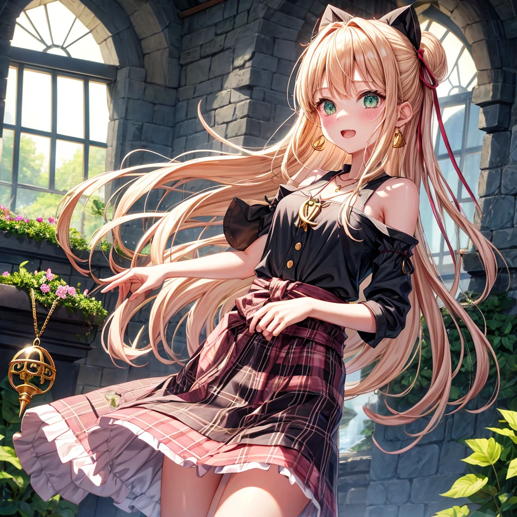 pink blonde、green eyes、one good looking girl、solo、anime、plaid mini skirt、the skirt has buttons、black camisole、black t-shirt、dress、wearing a ribbon、ribbon at waist、cloak、hood、clouds are swirling、stone slabs are piled up、one hand raised、crystal earrings、sun、teeth are visible、splash of water、vegetable garden、monster castle、ceiling、golden key、jewelry necklace、Light and shadow、window、holding a bouquet