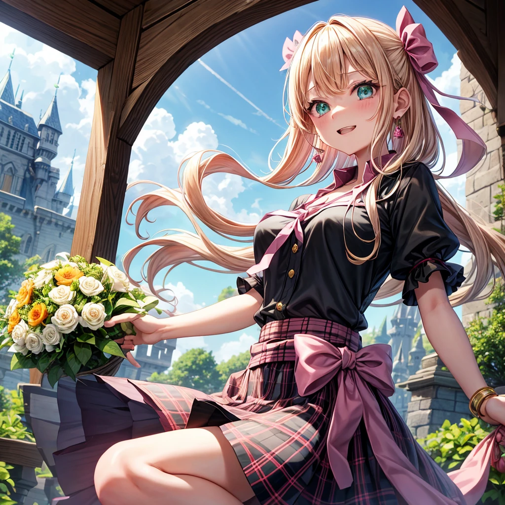 pink blonde、green eyes、one good looking girl、solo、anime、plaid mini skirt、the skirt has buttons、black camisole、black t-shirt、dress、wearing a ribbon、ribbon at waist、cloak、hood、clouds are swirling、stone slabs are piled up、one hand raised、crystal earrings、sun、teeth are visible、splash of water、vegetable garden、monster castle、ceiling、golden key、jewelry necklace、Light and shadow、window、holding a bouquet