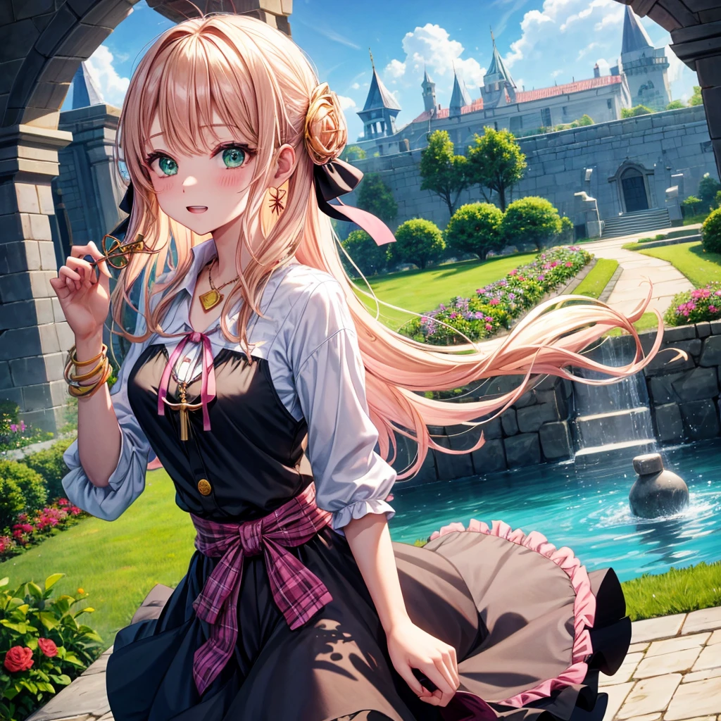 pink blonde、green eyes、one good looking girl、solo、anime、plaid mini skirt、the skirt has buttons、black camisole、black t-shirt、dress、wearing a ribbon、ribbon at waist、cloak、hood、clouds are swirling、stone slabs are piled up、one hand raised、crystal earrings、sun、teeth are visible、splash of water、vegetable garden、monster castle、ceiling、golden key、jewelry necklace、Light and shadow、window、holding a bouquet
