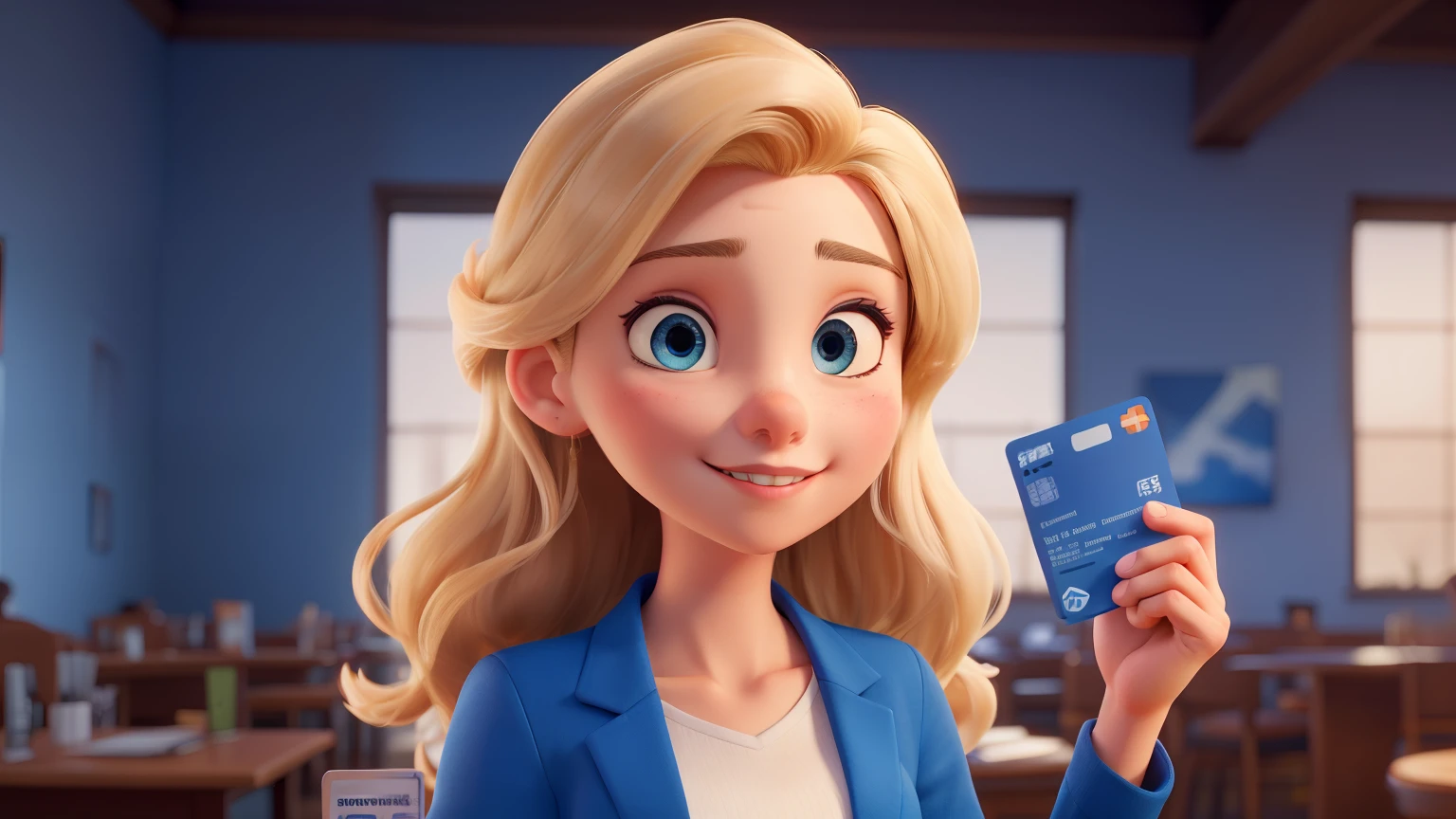 ((best quality)), ((artwork)), (detailed), perfect face, young twenty-two year old blonde, straight hair and blue eyes looking at the camera, wearing blue formal wear, wearing a work jacket blue, holding credit card, full body
