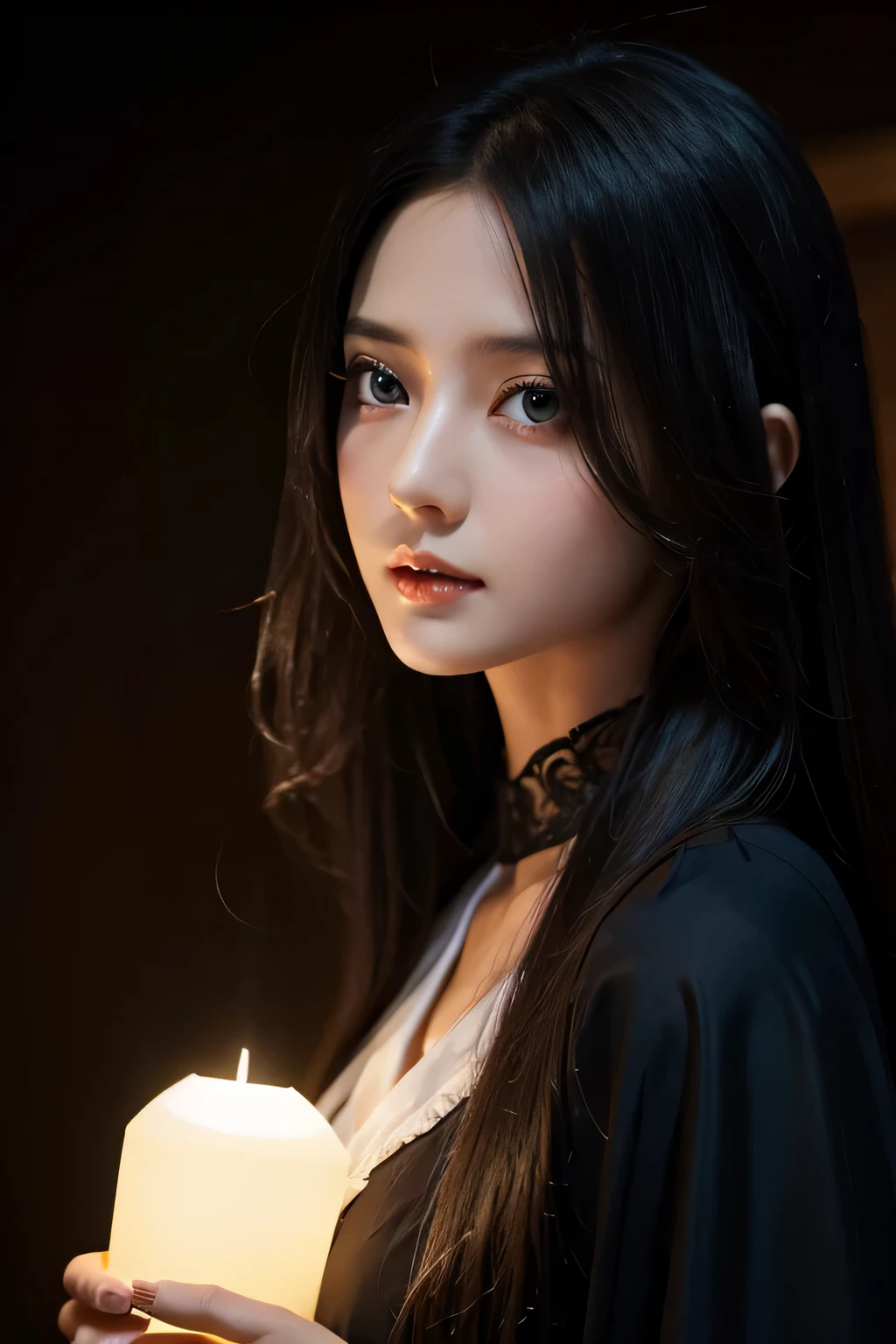 ８ｋ、High resolution、Beautiful Girl of the Wizard、gothic costume、young、white skin,、narrow eyes,high nose,lighting that illuminates the face、clear image、intellectual beauty、skinny、no makeup、anxious look,shining hair、single eyelid,、vivid pose、