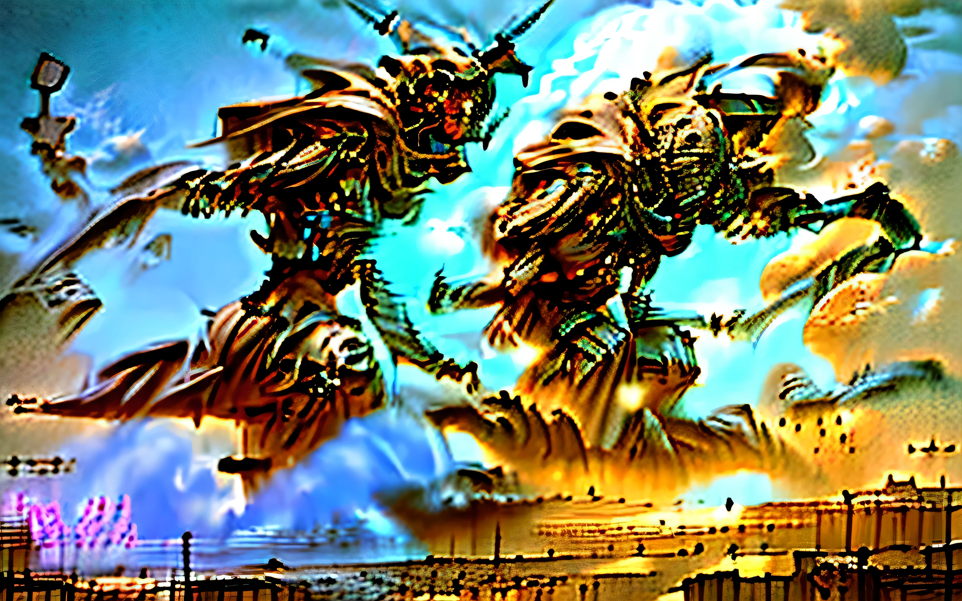 Drawing of two robots on desert landscape, fantasy, Lucid dream sketch, Dystopian alien landscape, complex concept art, Detailed but rough, giant mecha, giant mecha, Complex pictures, Mecha inspiration, Chapter 3499 Overlord, great older generation, Monster in the background, looming creature,grow,HD