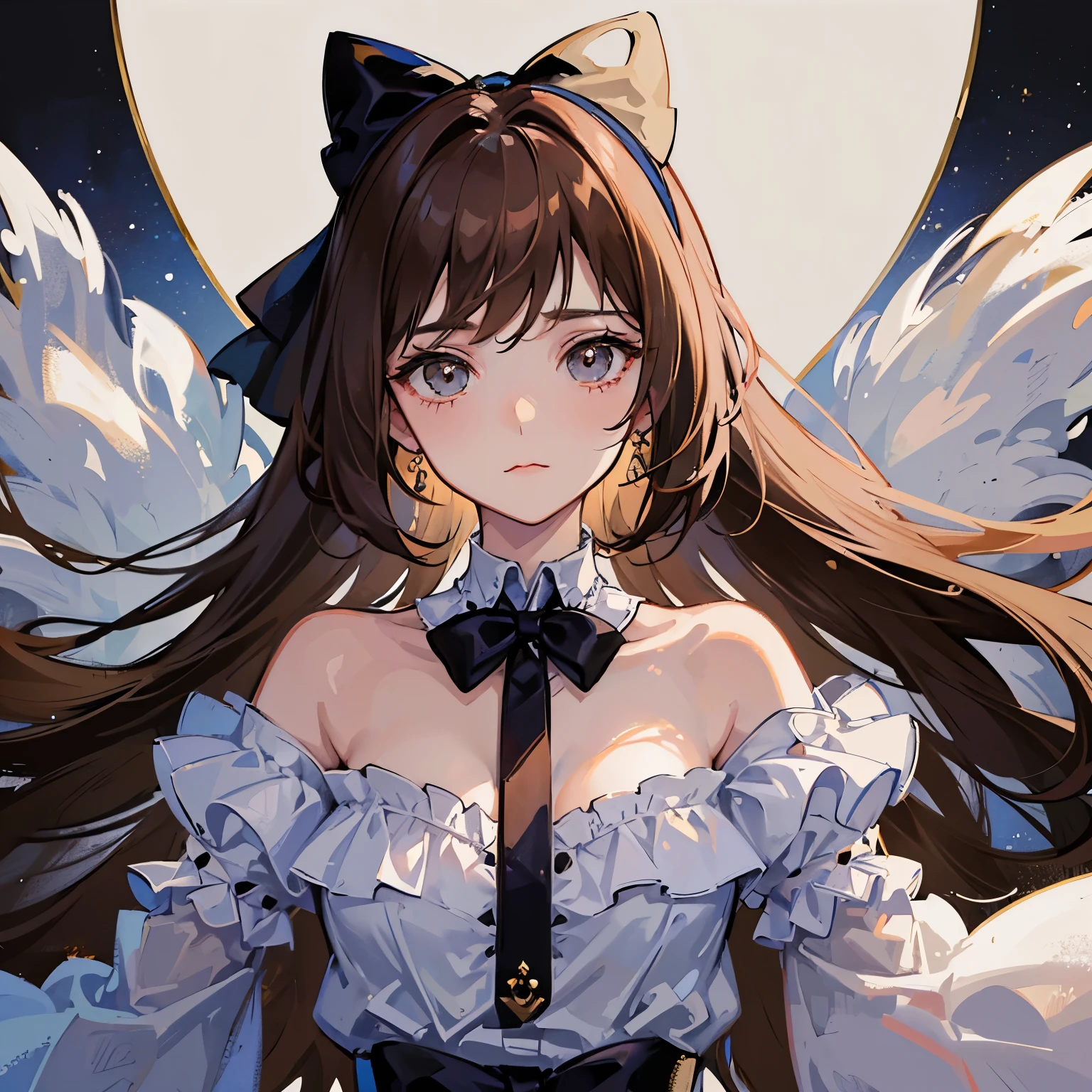 (extremely delicate and beautiful: 1.2), 1girl, fashi-girl, pretty eyes, bow, brown hair, closed mouth, sideways, hair bow, short sleeves, looking at the viewer, long hair, solo, upper body, hazel eyes