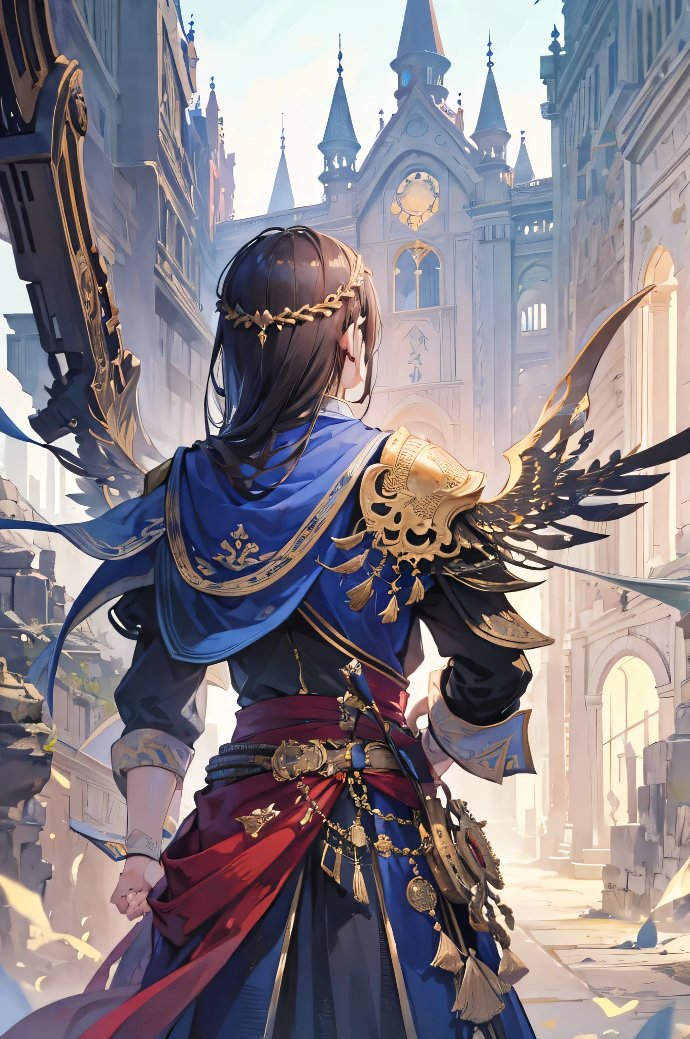 boys,Stand on the palace,Masterpiece best quality super detailed,illustration,perfect composition,4k Turn your back to everyone,opinionated。epic details,