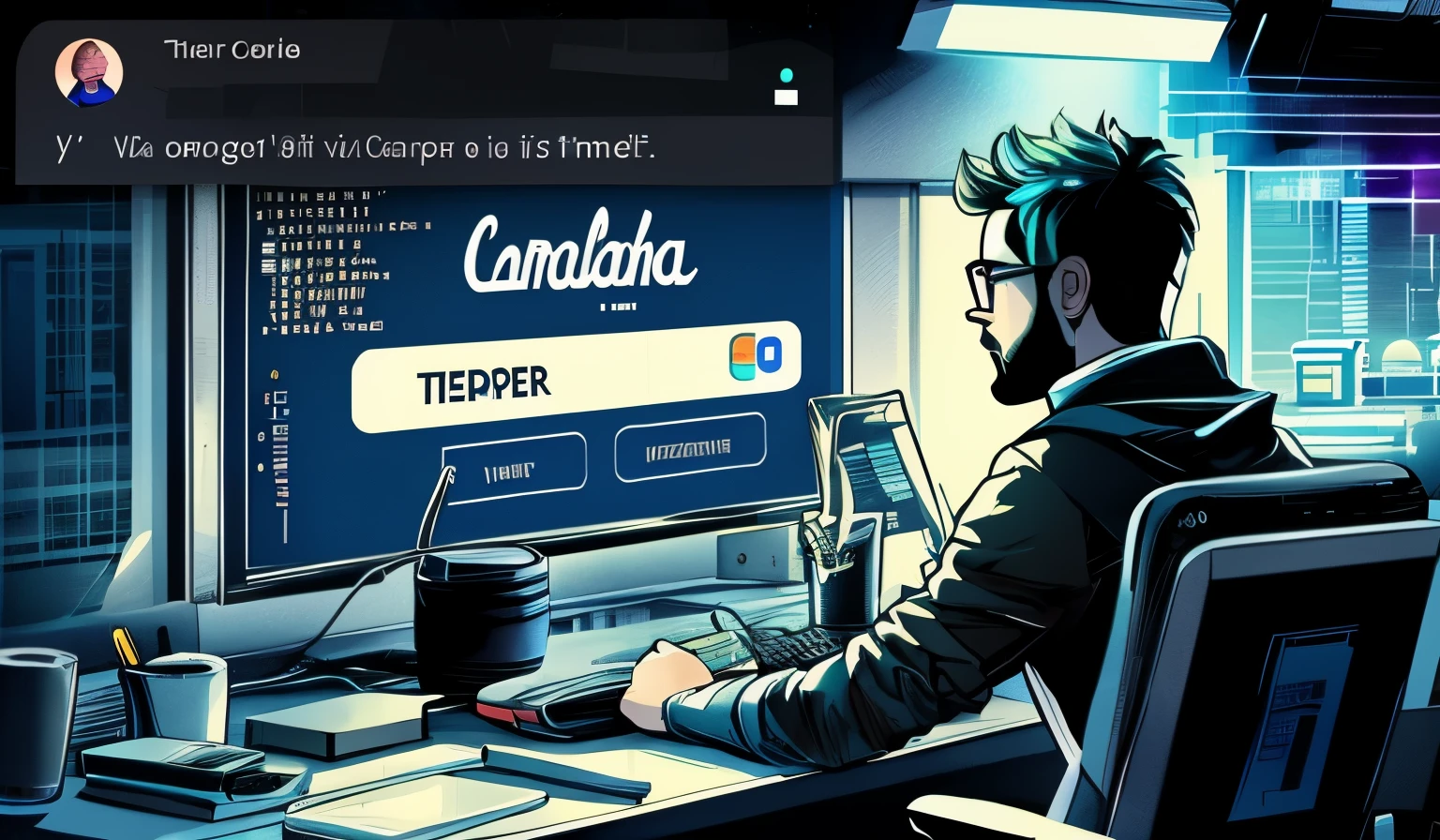 there is a man sitting at a desk with a computer and a keyboard, illustratioin, a python programmer's despair, captura, a screenshot, big tech art style, illustrative style, illustrative, 9gag, beaten tech. neo noir style, adam burn, twitter, youtube video screenshot, an alien working on a computer, viral on twitter
