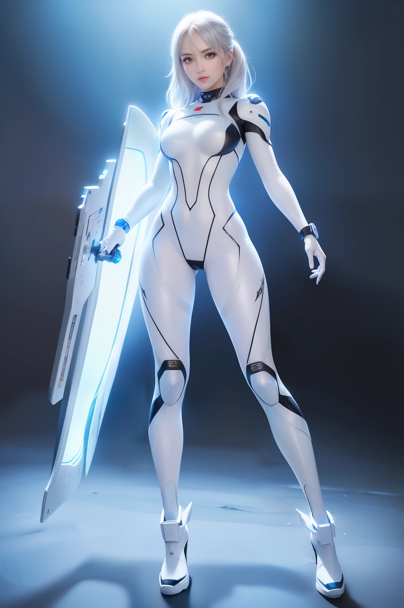 (melhor qualidade) ciborgue realista e intrincado rosto de beleza perfeita, sharp galaxy detailed glowing eyes, rosto detalhado, (((foco corporal), Standing))), (((forma de beleza fina))), ((in realistic sci-fi plugsuit with neon lighting, peça de arte mech mteal), 4k, Ultra HD