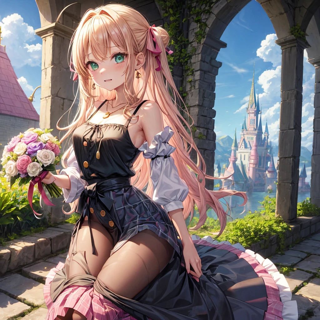 pink blonde、green eyes、one good looking girl、solo、anime、plaid mini skirt、the skirt has buttons、black camisole、black t-shirt、dress、wearing a ribbon、ribbon at waist、cloak、hood、clouds are swirling、stone slabs are piled up、one hand raised、crystal earrings、sun、teeth are visible、splash of water、vegetable garden、monster castle、ceiling、golden key、jewelry necklace、Light and shadow、window、holding a bouquet