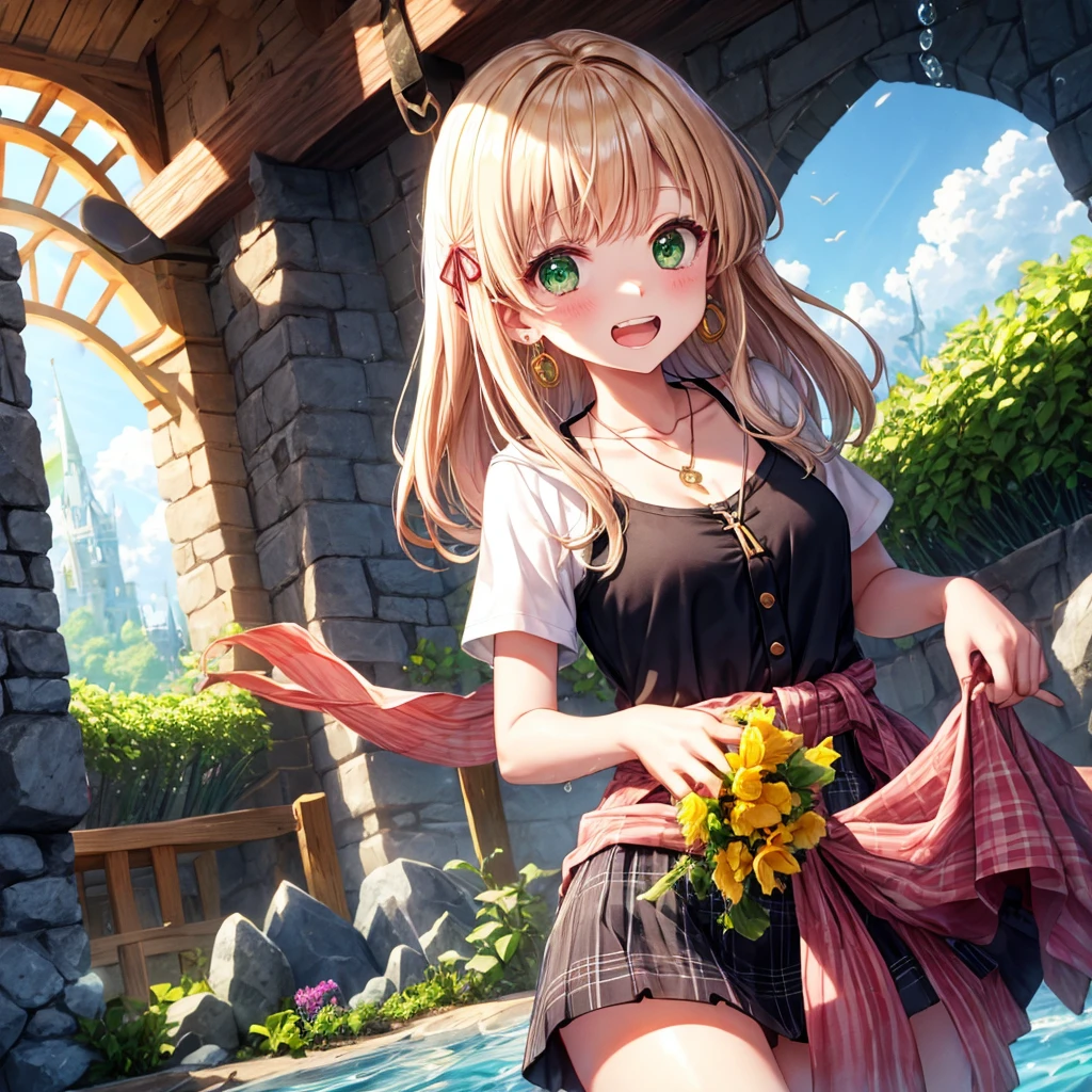 pink blonde、green eyes、one good looking girl、solo、anime、plaid mini skirt、the skirt has buttons、black camisole、black t-shirt、dress、wearing a ribbon、ribbon at waist、cloak、hood、clouds are swirling、stone slabs are piled up、one hand raised、crystal earrings、sun、teeth are visible、splash of water、vegetable garden、monster castle、ceiling、golden key、jewelry necklace、Light and shadow、window、holding a bouquet