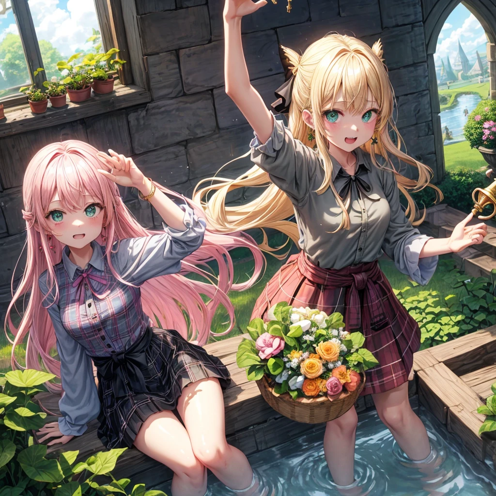 pink blonde、green eyes、one good looking girl、solo、anime、plaid mini skirt、the skirt has buttons、black camisole、black t-shirt、dress、wearing a ribbon、ribbon at waist、cloak、hood、clouds are swirling、stone slabs are piled up、one hand raised、crystal earrings、sun、teeth are visible、splash of water、vegetable garden、monster castle、ceiling、golden key、jewelry necklace、Light and shadow、window、holding a bouquet