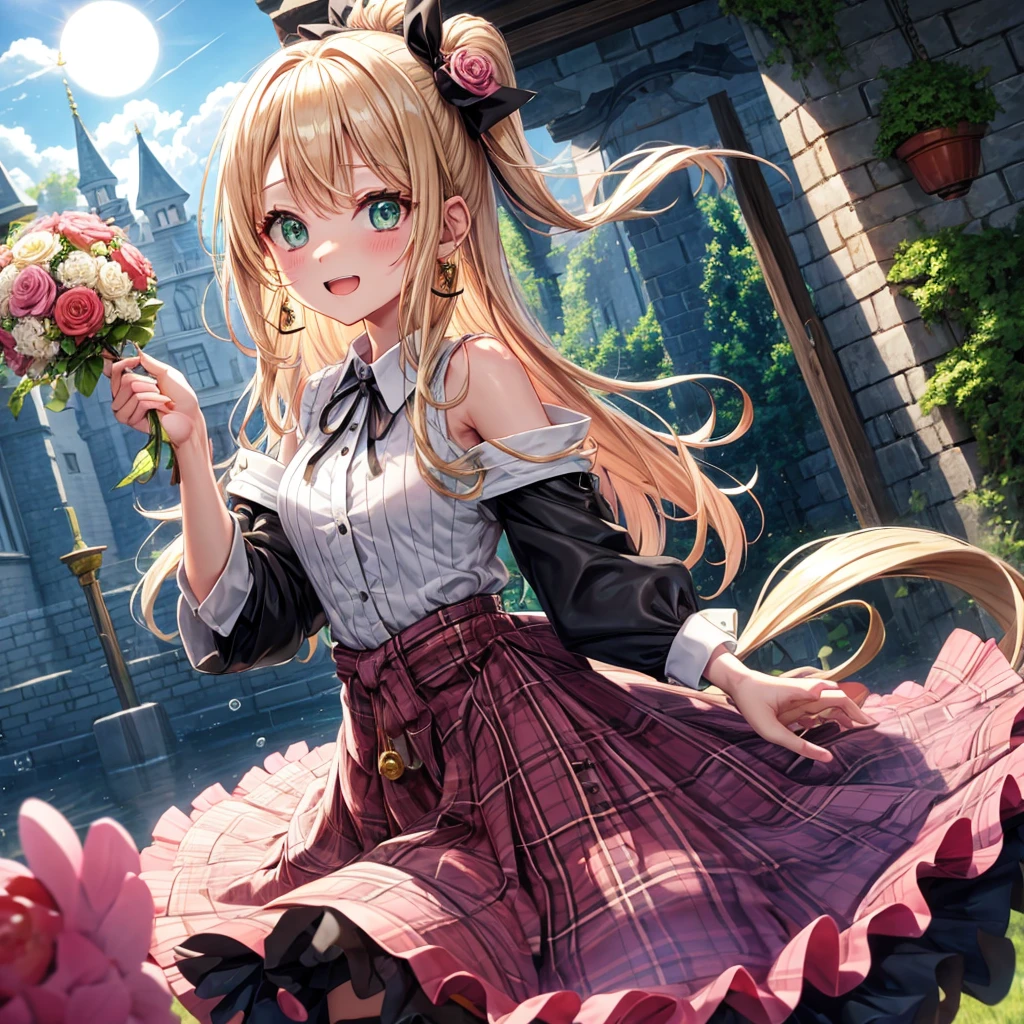 pink blonde、green eyes、one good looking girl、solo、anime、plaid mini skirt、the skirt has buttons、black camisole、black t-shirt、dress、wearing a ribbon、ribbon at waist、cloak、hood、clouds are swirling、stone slabs are piled up、one hand raised、crystal earrings、sun、teeth are visible、splash of water、vegetable garden、monster castle、ceiling、golden key、jewelry necklace、Light and shadow、window、holding a bouquet