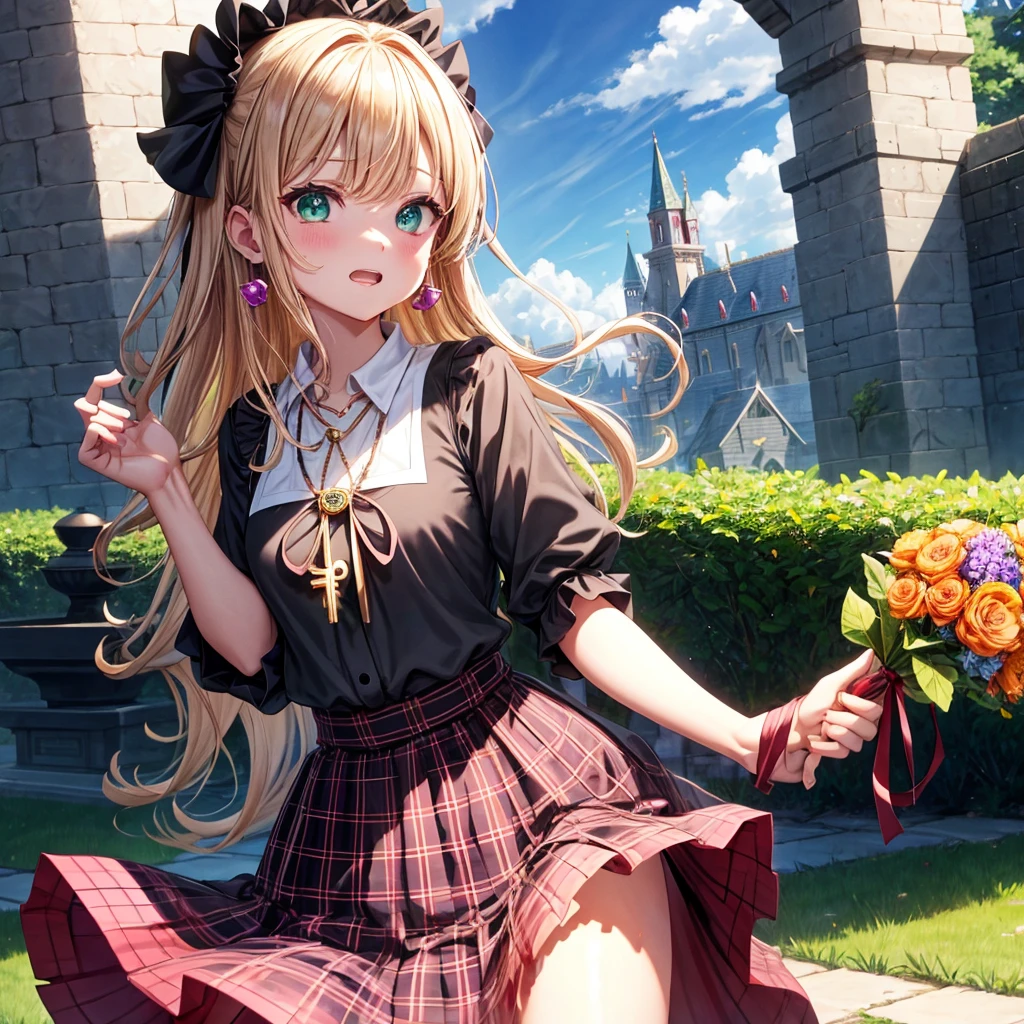 pink blonde、green eyes、one good looking girl、solo、anime、plaid mini skirt、the skirt has buttons、black camisole、black t-shirt、dress、wearing a ribbon、ribbon at waist、cloak、hood、clouds are swirling、stone slabs are piled up、one hand raised、crystal earrings、sun、teeth are visible、splash of water、vegetable garden、monster castle、ceiling、golden key、jewelry necklace、Light and shadow、window、holding a bouquet
