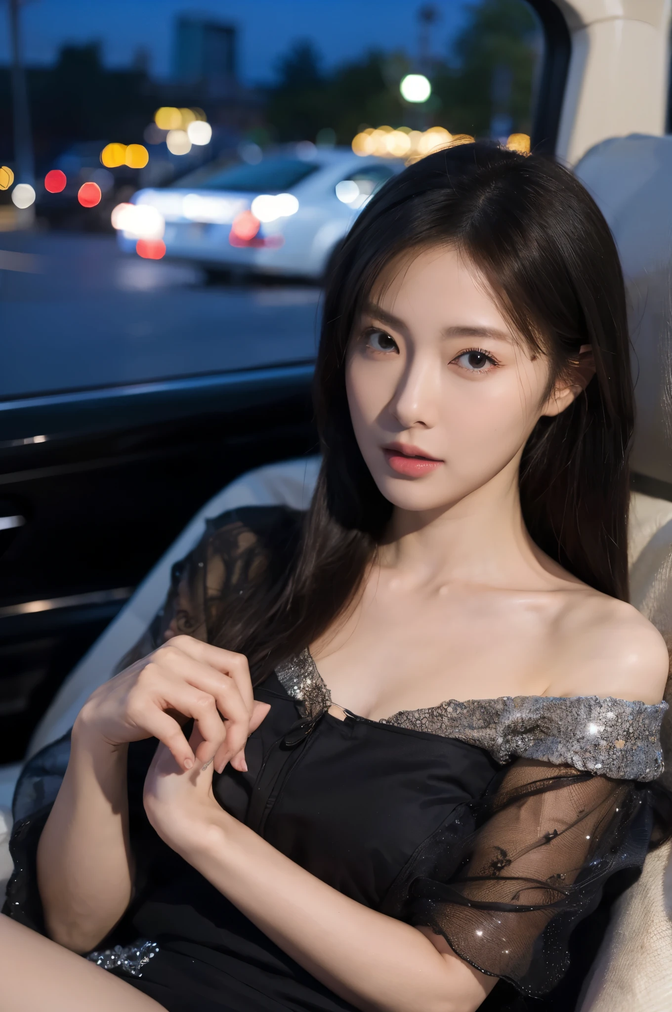 masterpiece, best quality, extremely detailed, hyperrealistic, photorealistic, a beautiful japanese model, at night, in a taxi:1.3, ultra detailed face, off-shoulder top
