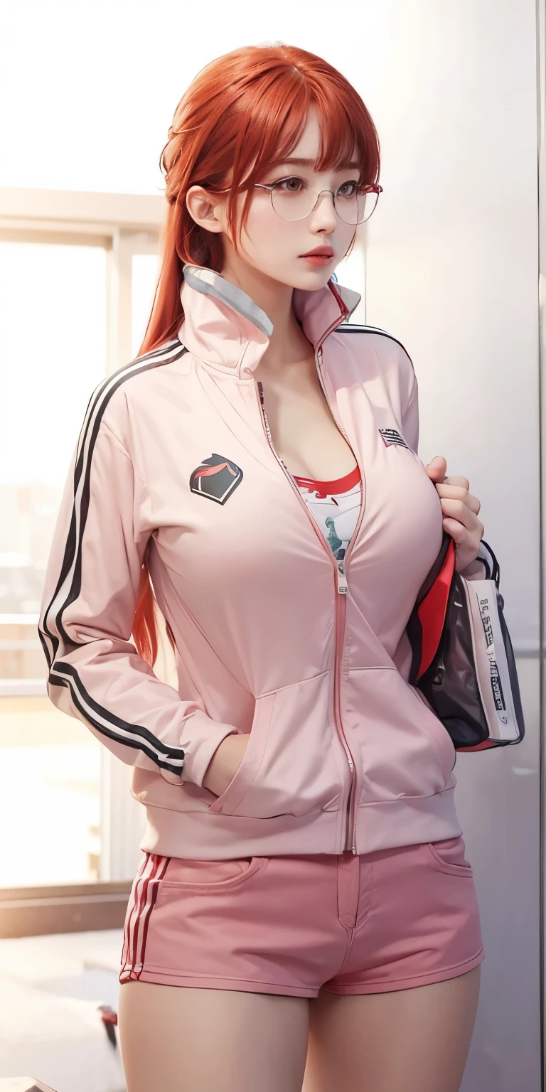 1girl,huge breast, red hair, red eyes,high quality, ultra detailed, masterpiece, realistic, sports jacket, glasses