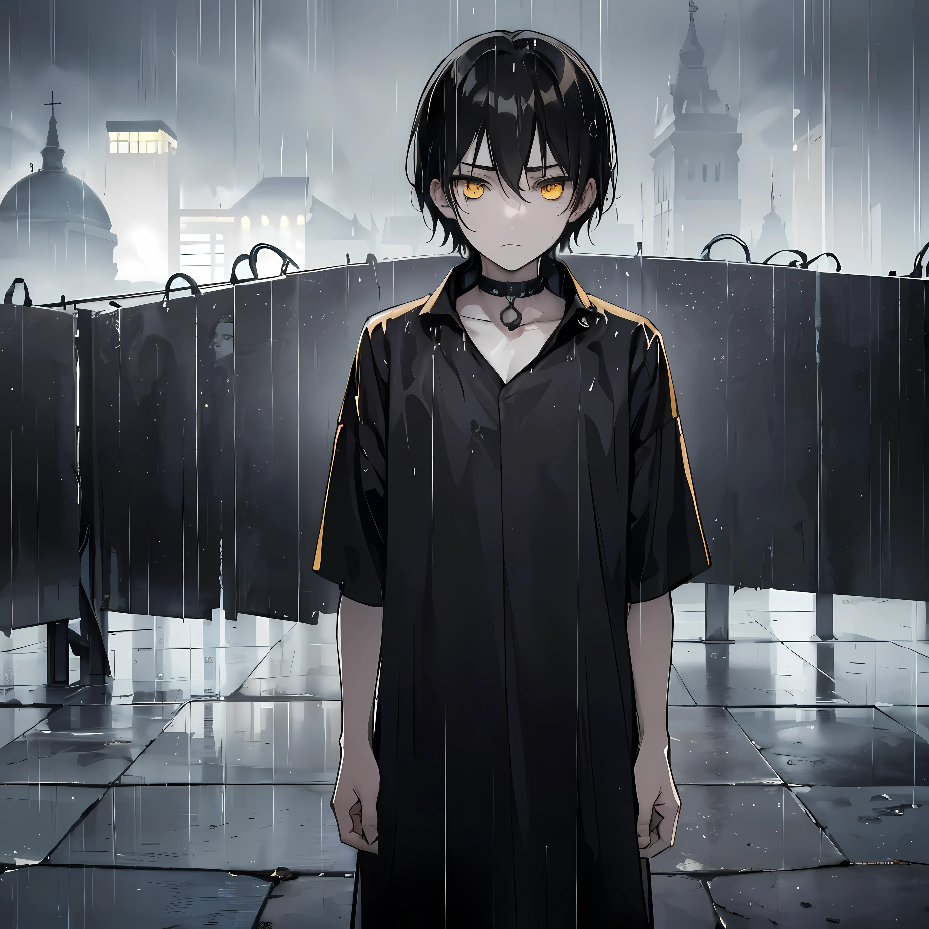 A pale-looking young boy gazes with vacant eyes, his black hair tousled, and golden yellow eyes staring blankly. He stands desolate in the midst of a medieval-themed city, rain pouring down. Clad in worn-out attire, his disheveled appearance reflects a sense of emptiness.