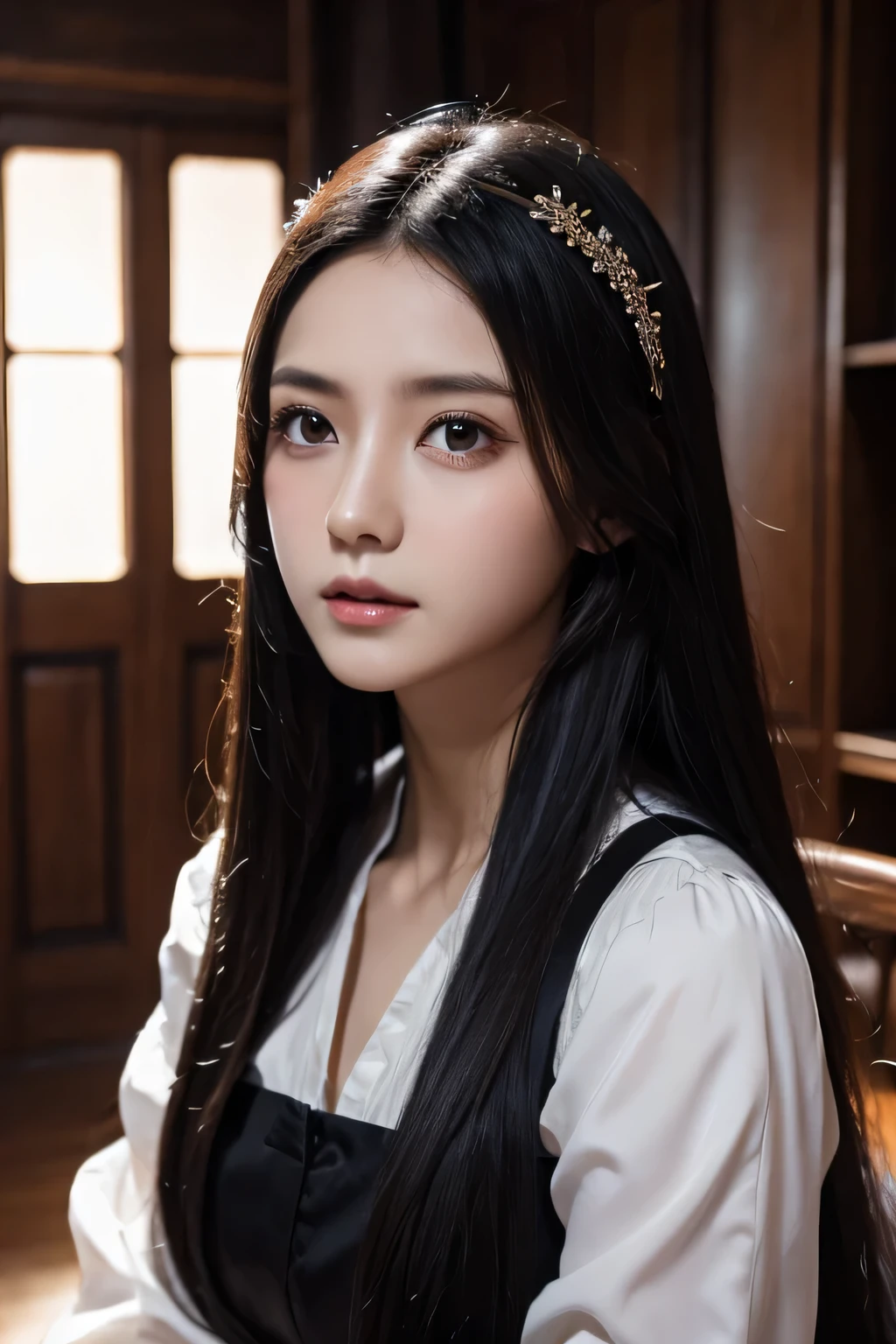 ８ｋ、High resolution、Beautiful Girl of the Wizard、gothic costume、young、white skin,、narrow eyes,high nose,lighting that illuminates the face、clear image、intellectual beauty、skinny、no makeup、anxious look,shining hair、single eyelid,、vivid pose、