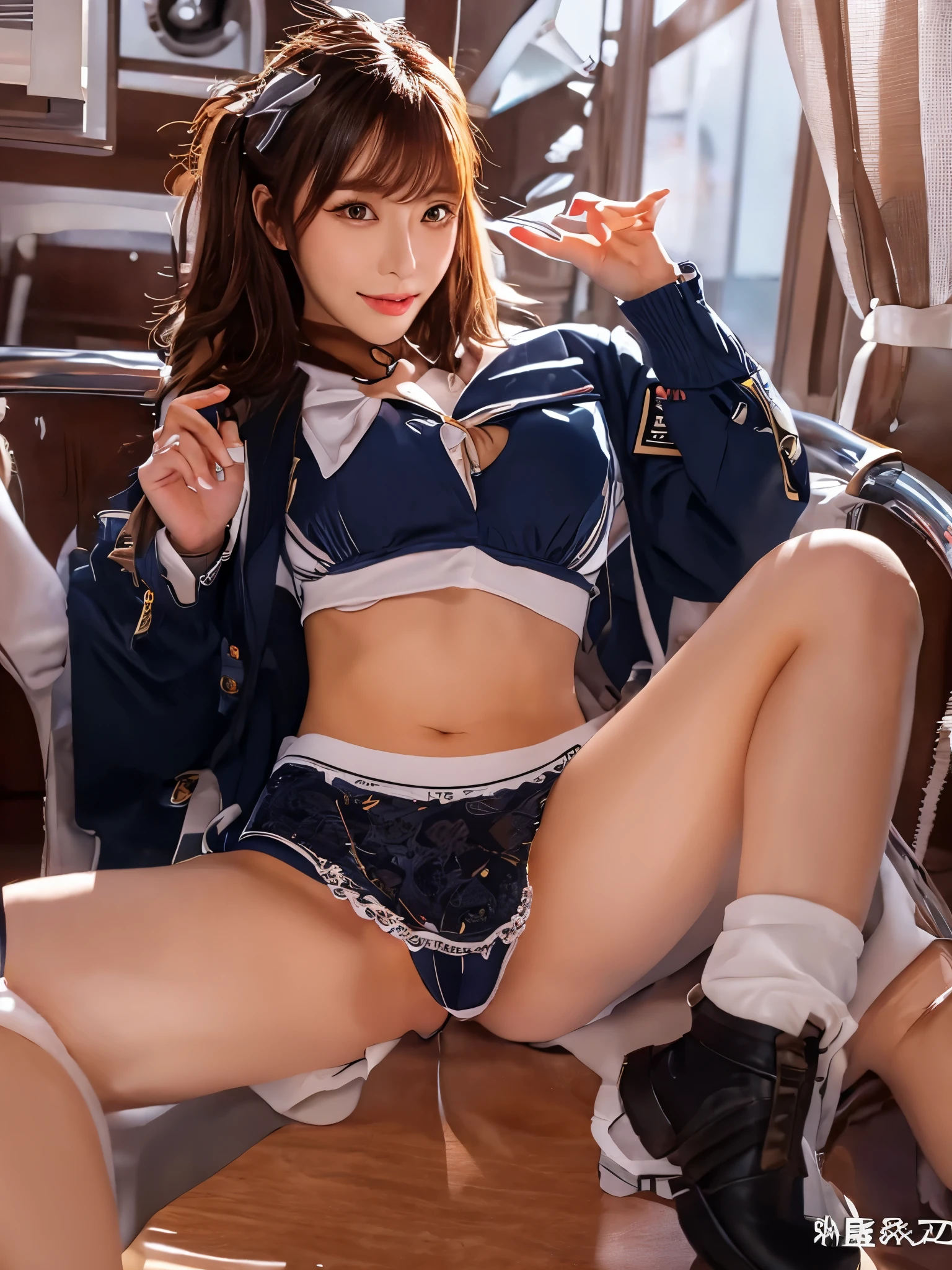 Japan girl clothes、navy blue sailor suit、red triangular lace panties、Panties that dig into the crotch、