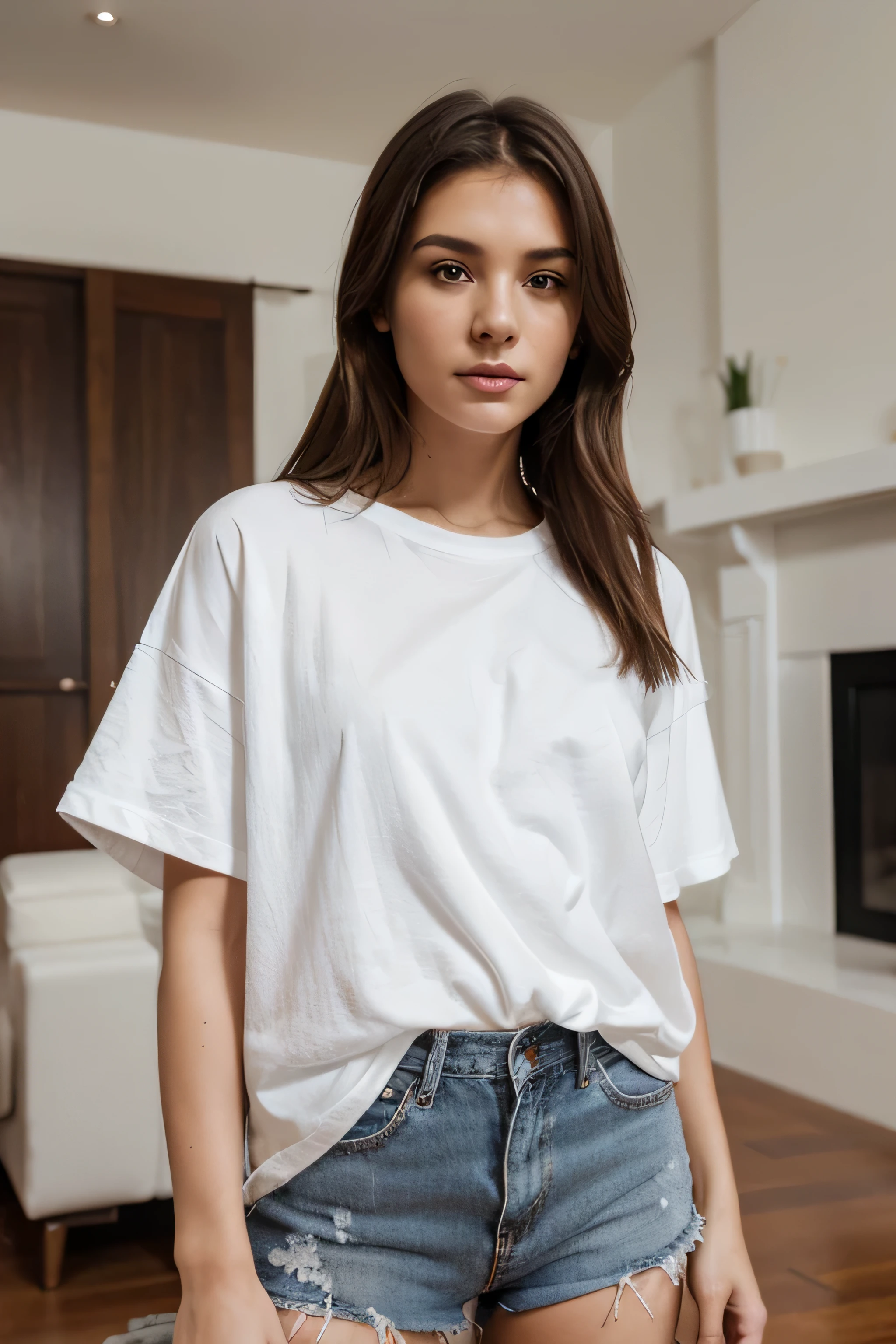 imagen_Tipo: Fashion Bosquejo | Gender: estilo de vida | Emotion: elegante | escena: A young woman wearing a high-quality blank Bella Canvas 3001 white oversize shirt for a Bosquejo design, centrándose en la textura de high resolution y los detalles de la ropa..| actoreujer joven | LOCATION Tipo: sala de estar | CAMERA MODEL: digital slr camera | camera lens: 50 mm f/1.4 | efectos especiales: Ninguno | Etiquetaoda, Bosquejo, estilo de vida, elegante, high resolution, camisa de alta calidad, en el 5to.2