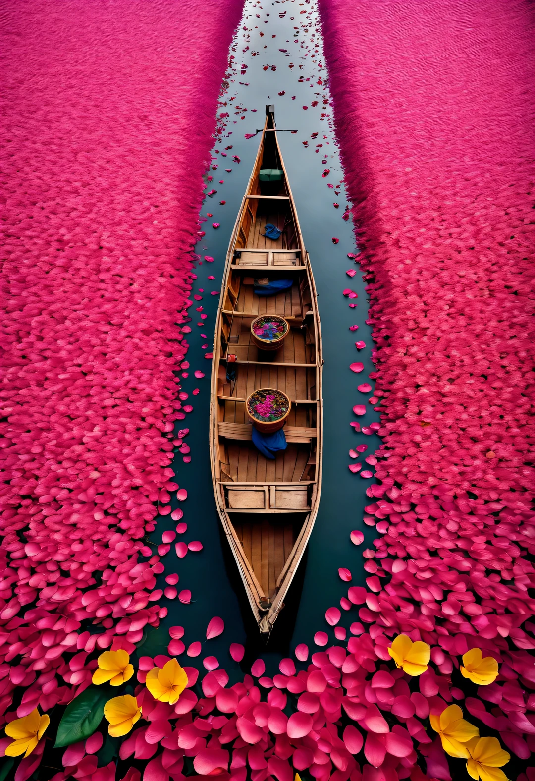 ：A boat surrounded by dense petals, National Geographic photography style,Exaggerate visual composition and color，bird&#39;s eye view style, Pioneer of color photography, Complex weaving, documentary photography, Energetic, exaggerated scenes