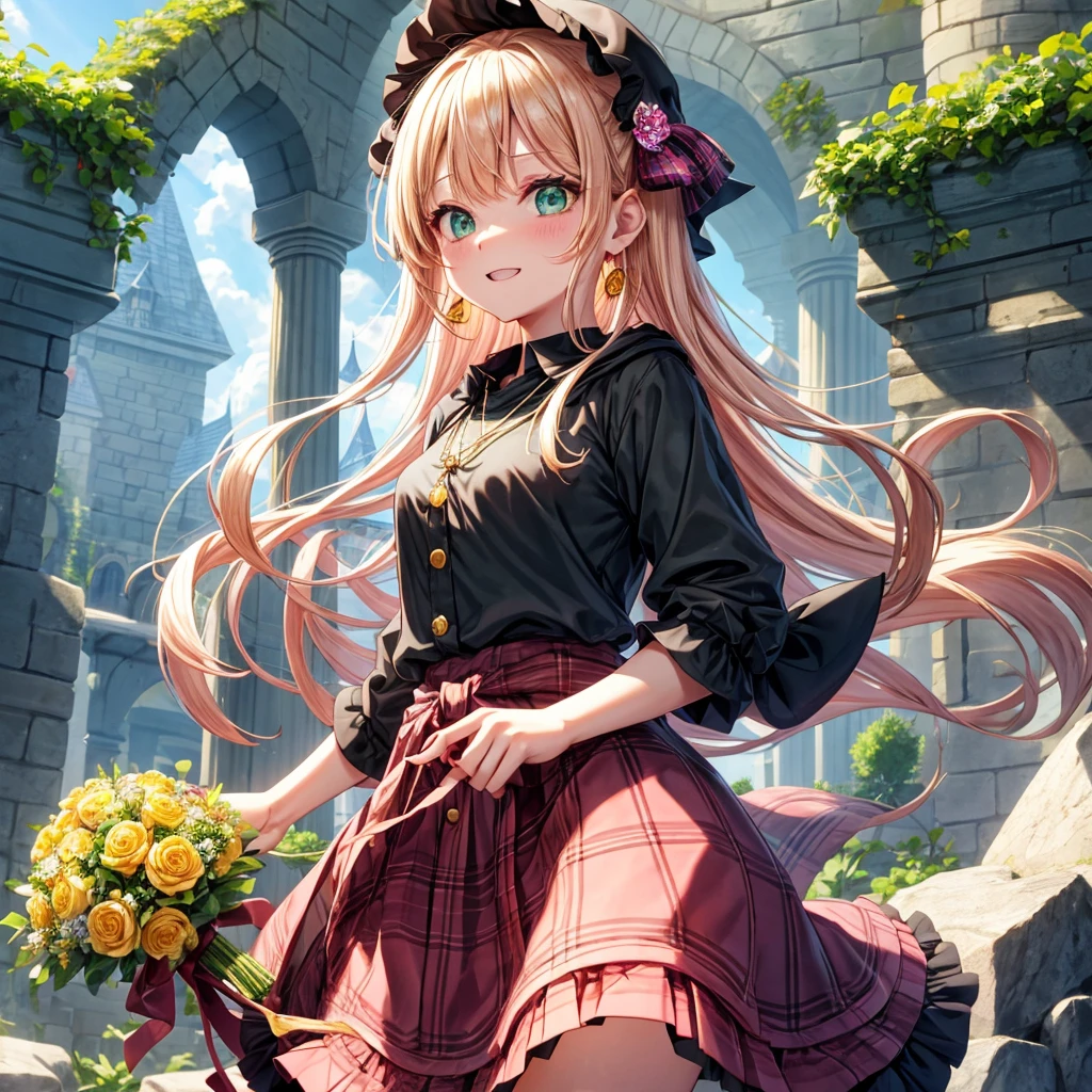 pink blonde、green eyes、one good looking girl、solo、anime、plaid mini skirt、the skirt has buttons、black camisole、black t-shirt、dress、wearing a ribbon、ribbon at waist、cloak、hood、clouds are swirling、stone slabs are piled up、one hand raised、crystal earrings、sun、teeth are visible、splash of water、vegetable garden、monster castle、ceiling、golden key、jewelry necklace、Light and shadow、window、holding a bouquet