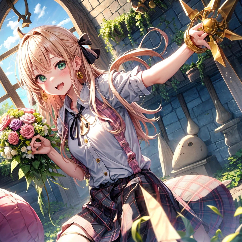 pink blonde、green eyes、one good looking girl、solo、anime、plaid mini skirt、the skirt has buttons、black camisole、black t-shirt、dress、wearing a ribbon、ribbon at waist、cloak、hood、clouds are swirling、stone slabs are piled up、one hand raised、crystal earrings、sun、teeth are visible、splash of water、vegetable garden、monster castle、ceiling、golden key、jewelry necklace、Light and shadow、window、holding a bouquet
