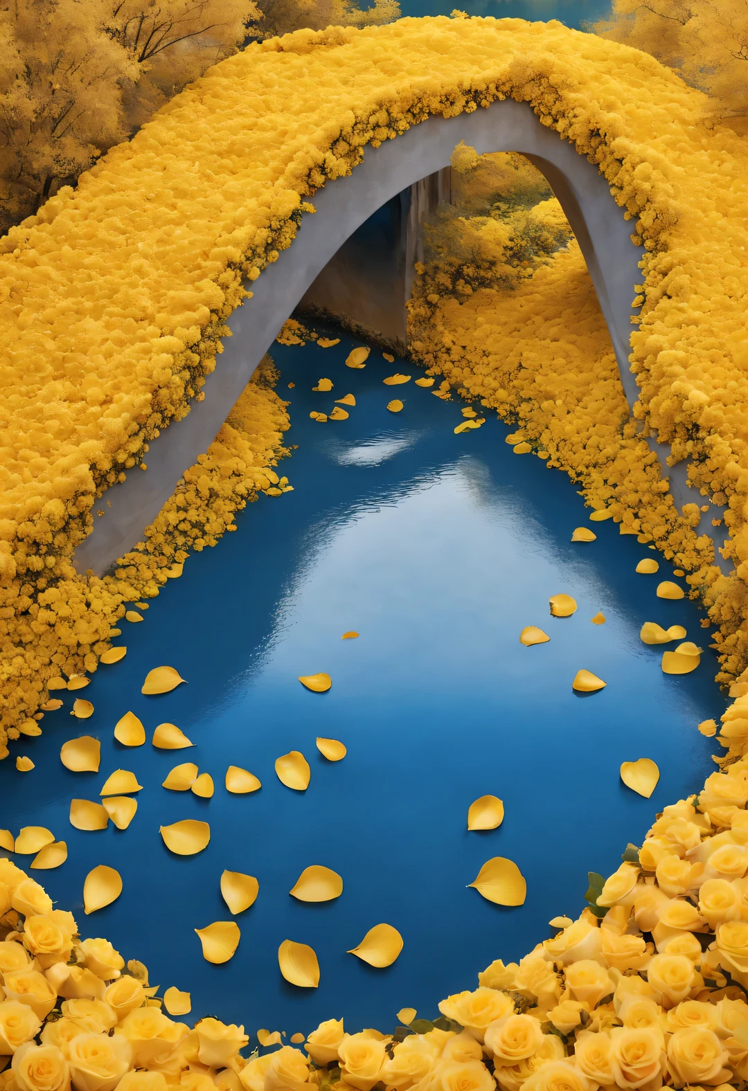 a large teardrop shaped river，Surrounded by thick yellow rose petals, blue lake, National Geographic photography style, Exaggerated visual composition and color, bird&#39;s eye perspective photography, groundbreaking color photography, Complex weaving, documentary photography, Vibrant and exaggerated scenery,