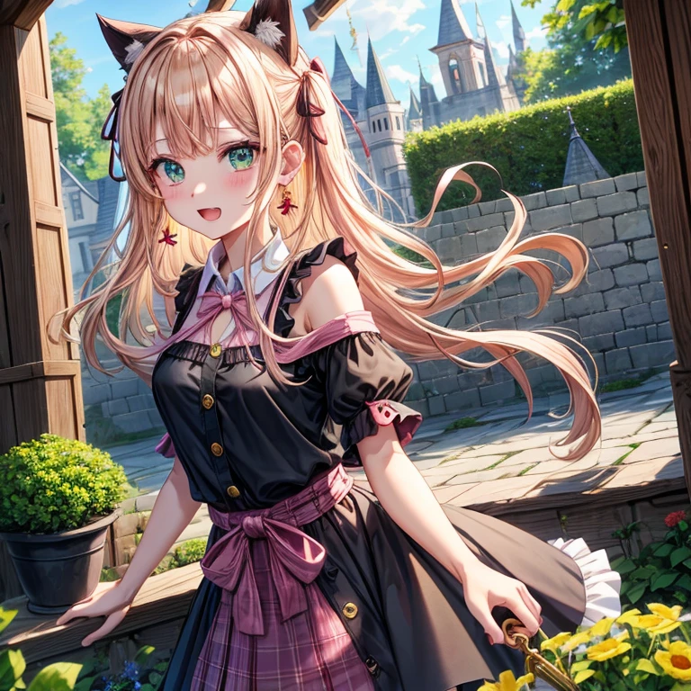 pink blonde、green eyes、one good looking girl、solo、anime、plaid mini skirt、the skirt has buttons、black camisole、black t-shirt、dress、wearing a ribbon、ribbon at waist、cloak、hood、clouds are swirling、stone slabs are piled up、one hand raised、crystal earrings、sun、teeth are visible、splash of water、vegetable garden、monster castle、ceiling、golden key、jewelry necklace、Light and shadow、window、holding a bouquet