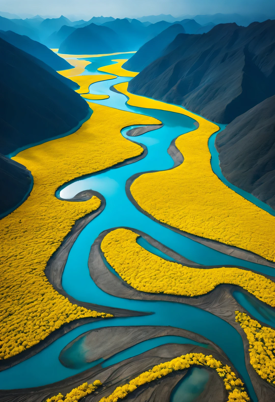 a large teardrop shaped river，Surrounded by dense yellow petals, blue lake, National Geographic photography style, Exaggerated visual composition and color, groundbreaking color photography, Complex weaving, documentary photography, Vibrant and exaggerated scenes,