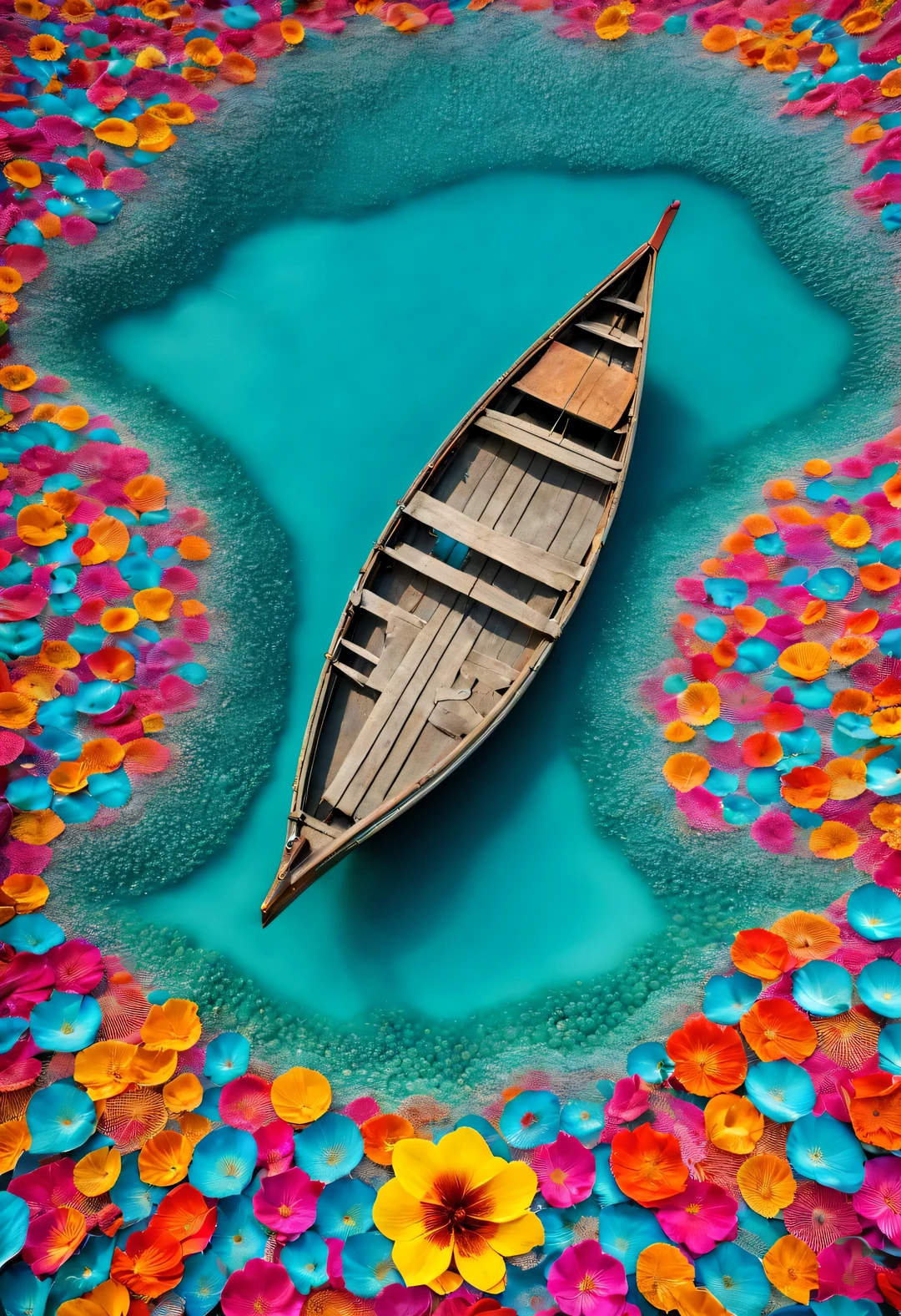 Small boat surrounded by dense mandala petals, In the style of National Geographic photography, Exaggerated visual composition and color, bird's eye view style, groundbreaking color photography, Complex weaving, documentary photography, Vibrant and exaggerated scenes,Paraiba blue sea,