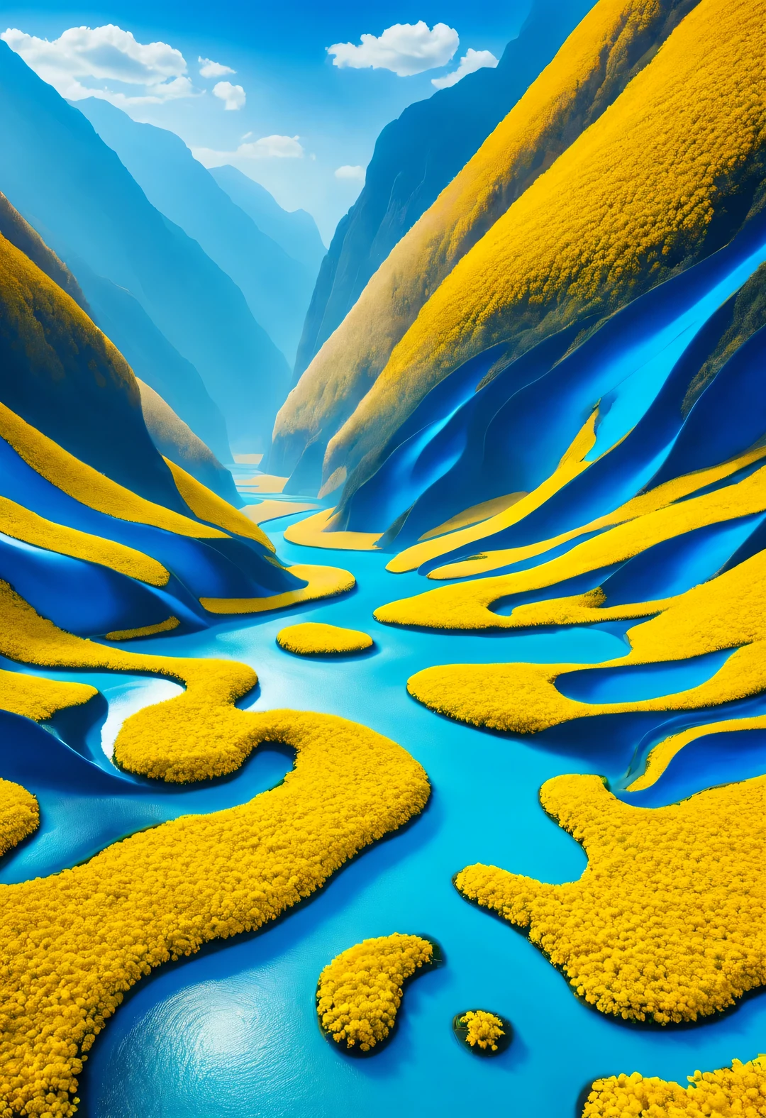 a large teardrop shaped river,Surrounded by dense yellow petals, blue lake, National Geographic photography style, Exaggerated visual composition and color, groundbreaking color photography, Complex weaving, documentary photography, Vibrant and exaggerated scenes,