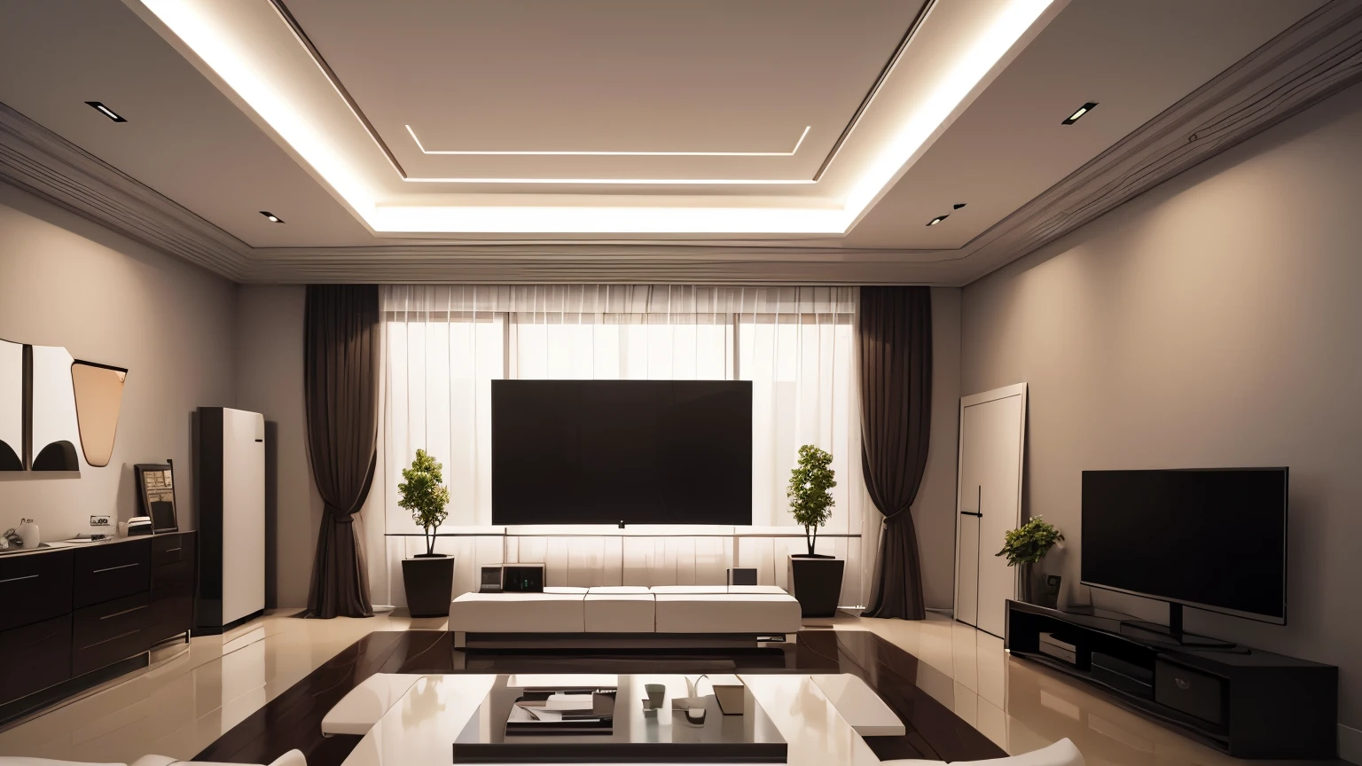 you are a famous interior designer、I was asked to create a 3D image of a large modern room.。. Create a harmonious environment with modern and minimalist furniture. Including garden interior.