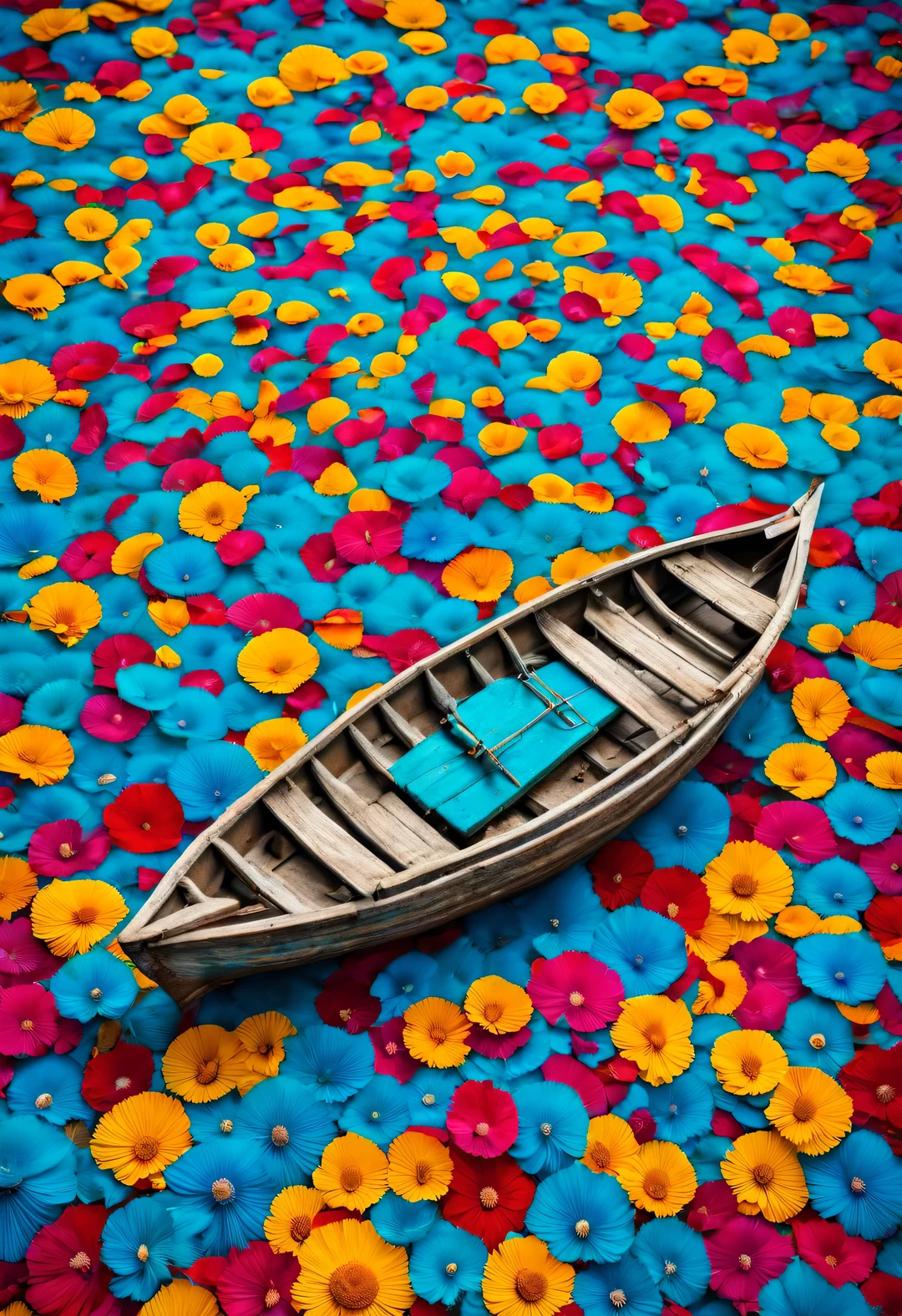 Small boat surrounded by dense mandala petals, In the style of National Geographic photography, Exaggerated visual composition and color, bird's eye view style, groundbreaking color photography, Complex weaving, documentary photography, Vibrant and exaggerated scenes,Paraiba blue sea,