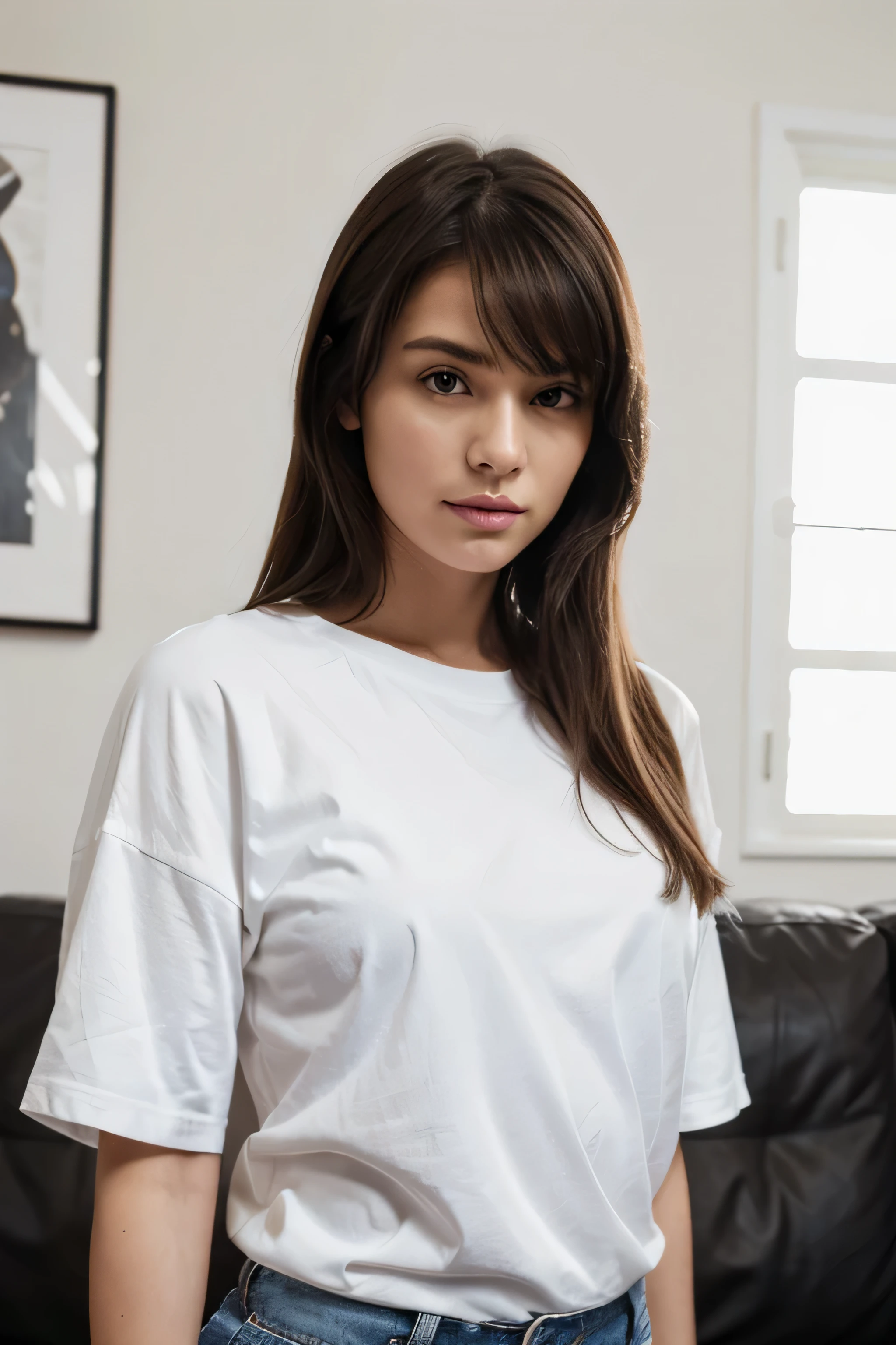 imagen_Tipo: Fashion Bosquejo | Gender: estilo de vida | Emotion: elegante | escena: A young woman wearing a high-quality blank Bella Canvas 3001 white oversize shirt for a Bosquejo design, centrándose en la textura de high resolution y los detalles de la ropa..| actoreujer joven | LOCATION Tipo: sala de estar | CAMERA MODEL: digital slr camera | camera lens: 50 mm f/1.4 | efectos especiales: Ninguno | Etiquetaoda, Bosquejo, estilo de vida, elegante, high resolution, camisa de alta calidad, en el 5to.2