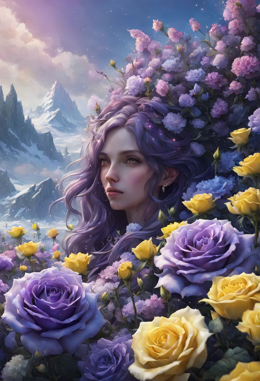 sea of flowers, aesthetic, blue rose blooming in a snowfield a masterpiece, 8k resolution, dark fantasy concept art, by Greg Rutkowski, dynamic lighting, hyperdetailed, intricately detailed, Splash screen art, trending on Artstation, deep color, Unreal Engine, volumetric lighting, Alphonse Mucha, Jordan Grimmer, purple and yellow complementary colours