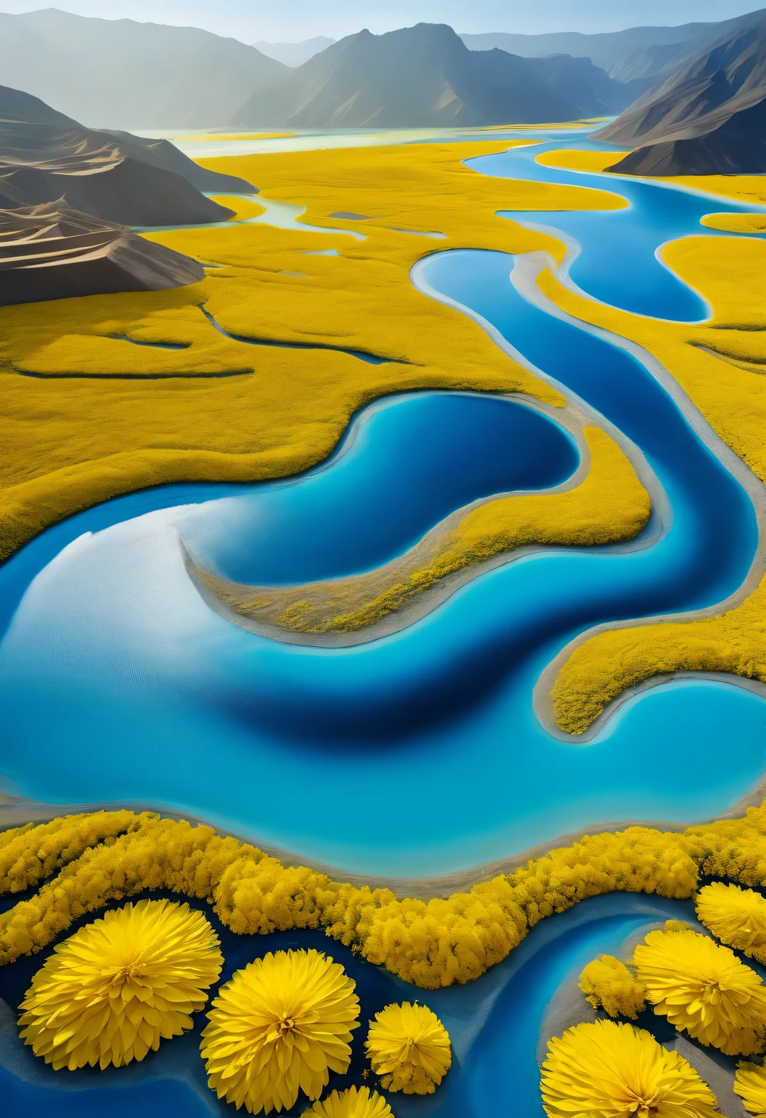 a large teardrop shaped river,Surrounded by dense yellow petals, blue lake, National Geographic photography style, Exaggerated visual composition and color, groundbreaking color photography, Complex weaving, documentary photography, Vibrant and exaggerated scenes,