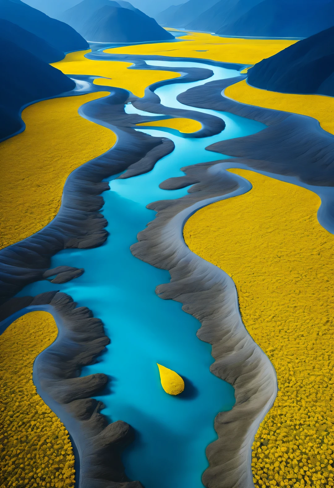 a large teardrop shaped river，Surrounded by dense yellow petals, blue lake, National Geographic photography style, Exaggerated visual composition and color, groundbreaking color photography, Complex weaving, documentary photography, Vibrant and exaggerated scenes,