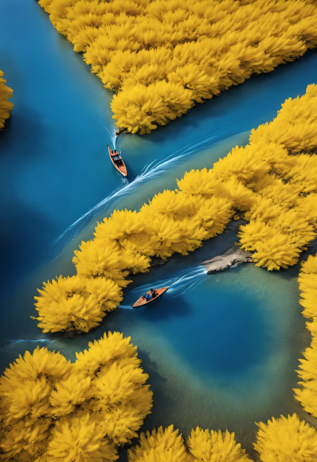 ：A boat surrounded by dense petals, National Geographic photography style,Exaggerate visual composition and color，bird&#39;s eye view style, Pioneer of color photography, Complex weaving, documentary photography, Energetic, exaggerated scenes