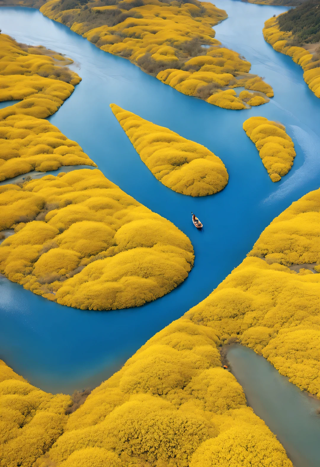 a large teardrop shaped river，Surrounded by dense yellow petals, blue lake, National Geographic photography style, Exaggerated visual composition and color, groundbreaking color photography, Complex weaving, documentary photography, Vibrant and exaggerated scenes,