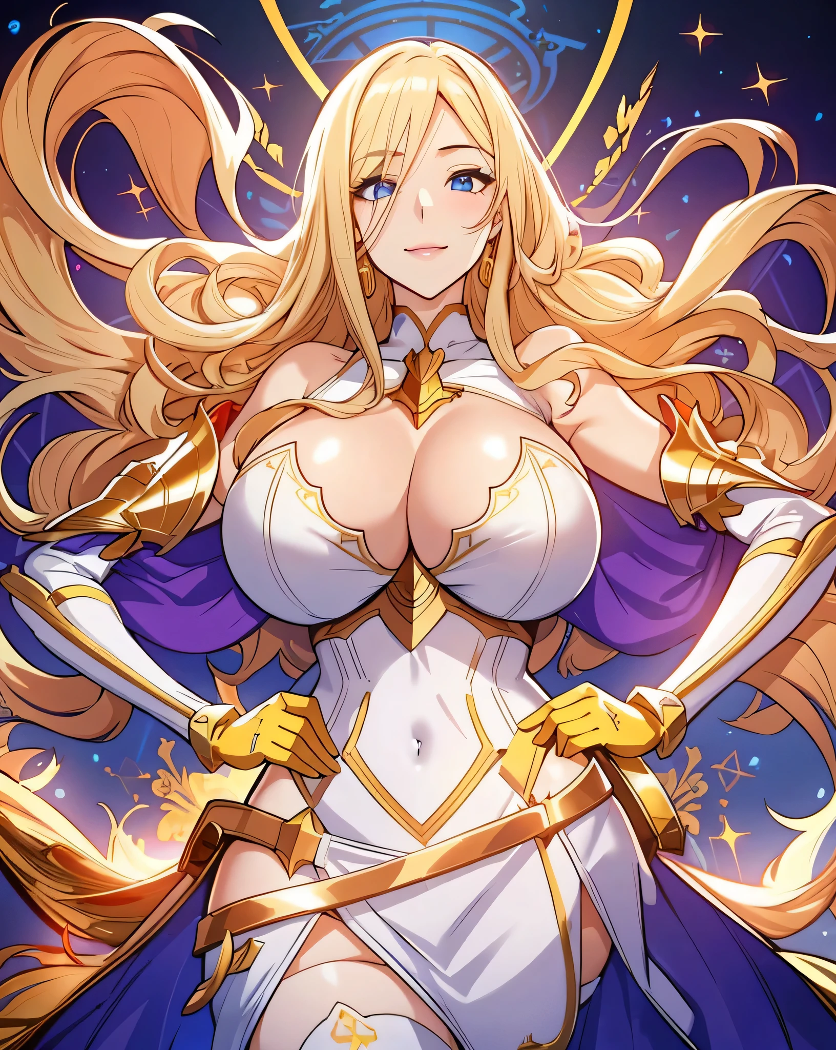 Lian, long blond hair, hair stick, bangs, blue eyes, solo, smiling, standing, upper body, hips, bare shoulders,purple thighhighs, white dress, gold jewelry,armor,gloves,circlet, cleavage, red and gold royal castle, gigantic breasts, (best quality, masterpiece, beautiful and aesthetic:1.2, highest detailed face, perfect face,)  eyes, perfect face,expressive eyes,
looking at viewer, in the center of the image,(Upper_body),(Focus on her face),
official art,extremely detailed CG unity 8k wallpaper, perfect lighting,Colorful, Bright_Front_face_Lighting,shiny skin, 
(masterpiece:1.0),(best_quality:1.0), ultra high res,4K,ultra-detailed
