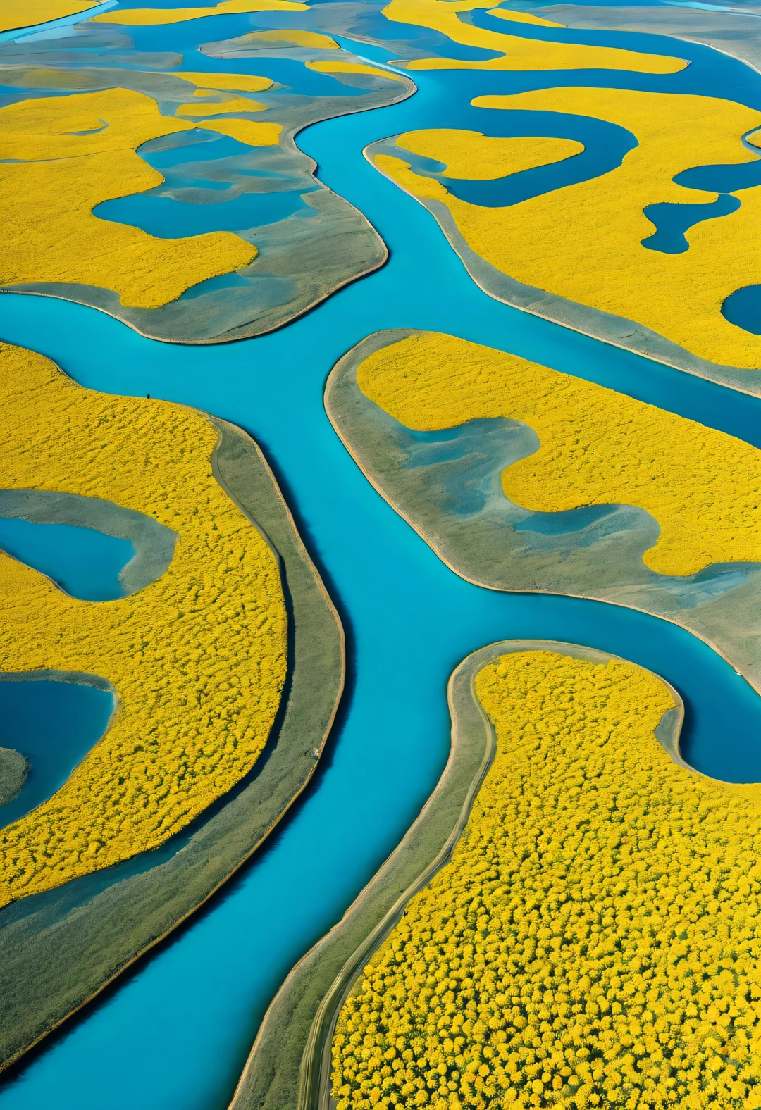 a large teardrop shaped river,Surrounded by dense yellow petals, blue lake, National Geographic photography style, Exaggerated visual composition and color, bird's eye perspective photography, groundbreaking color photography, Complex weaving, documentary photography, Vibrant and exaggerated scenes,