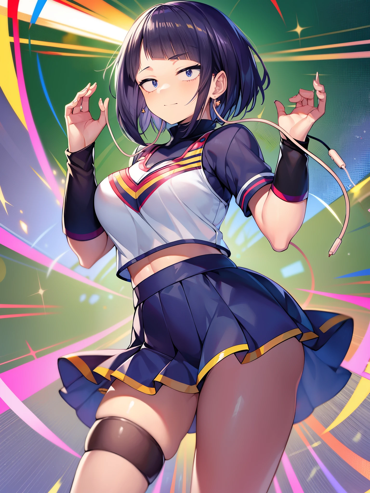 my hero academia、Erlang Xiangxiang、black hair、short hair、earphone jack、By inserting the earlobe that has become a plug, you can hear the sound of your own heart as a loud shock wave.、（（（colorful cheerleader costume）））+++、（（（colorful cheerleader costume）））+++、Yuei High School Hero Department Class 1A、 and slender、A female student with Sanpaku eyes and a short bob cut.。The luster of the hair is shaped like an electrocardiogram.。easy-going personality。It&#39;s a cool atmosphere though、