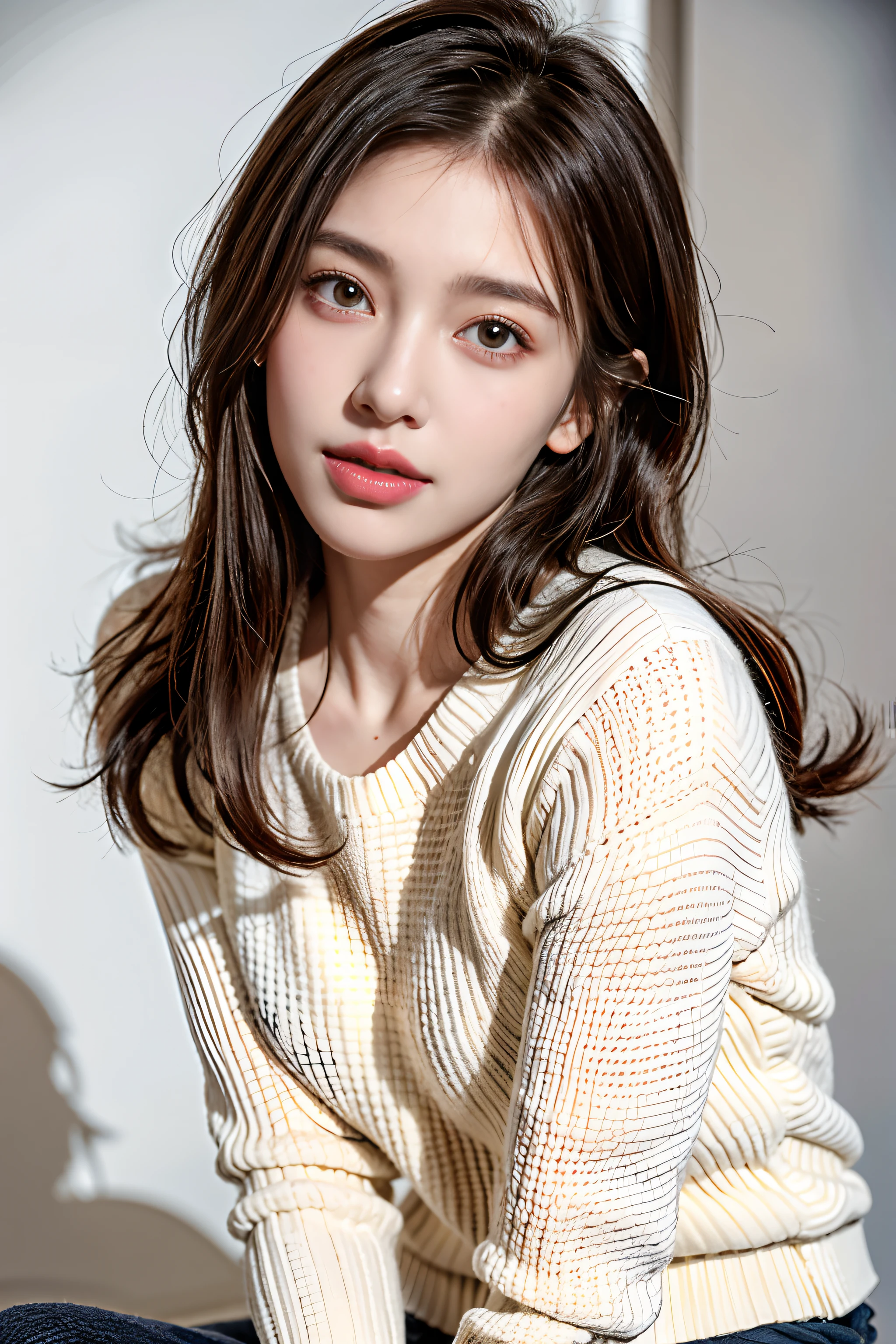 1 girl,navy knit sweater,white background,lifelike face、medium hair、realistic hair texture、brown hair、detailed、Masseter muscle part、realistic skin texture、mole、dark circles under the eyes、bangs、smile