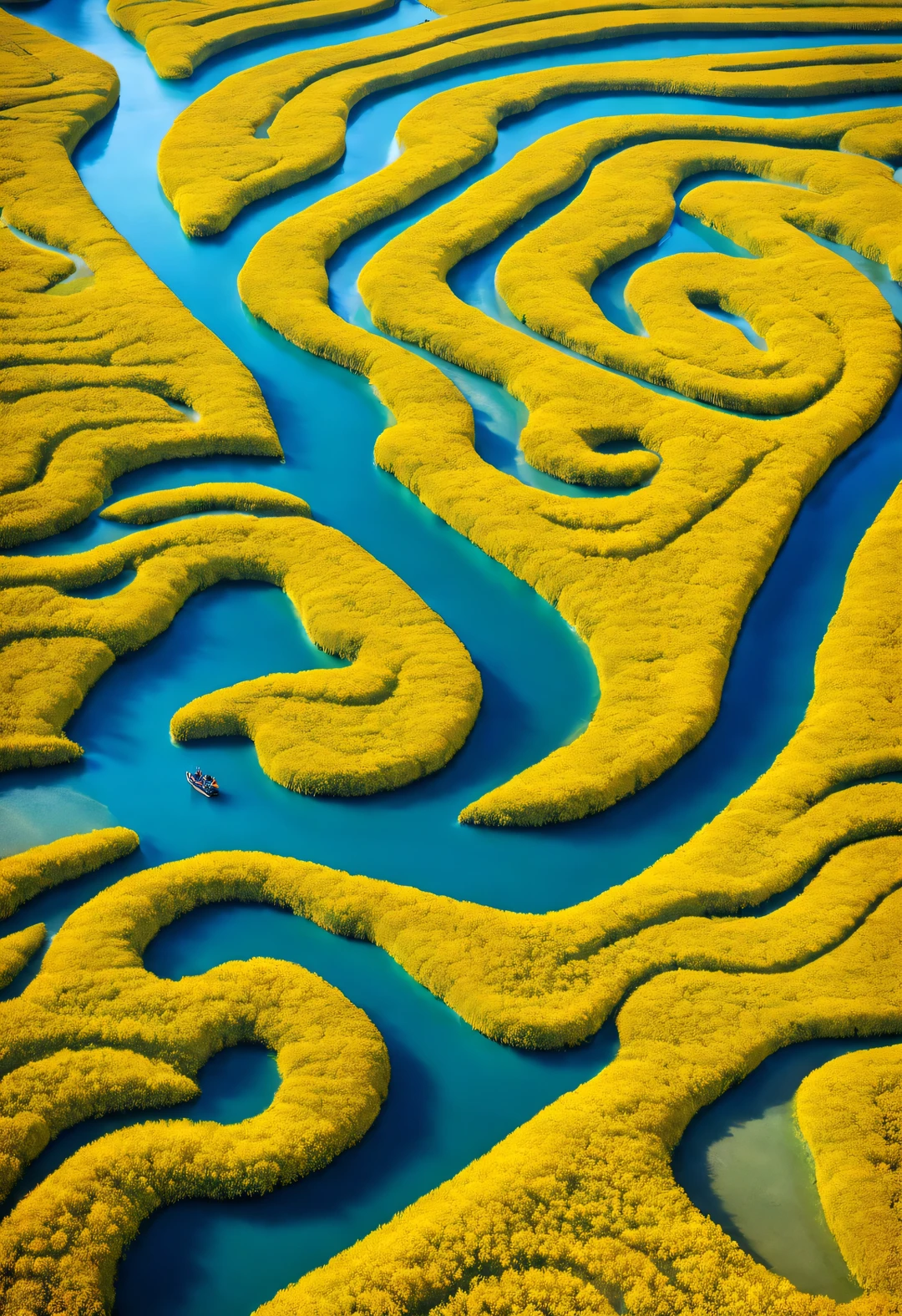 a large teardrop shaped river，Surrounded by dense yellow petals, blue lake, National Geographic photography style, Exaggerated visual composition and color, bird&#39;s eye perspective photography, groundbreaking color photography, Complex weaving, documentary photography, Vibrant and exaggerated scenes,