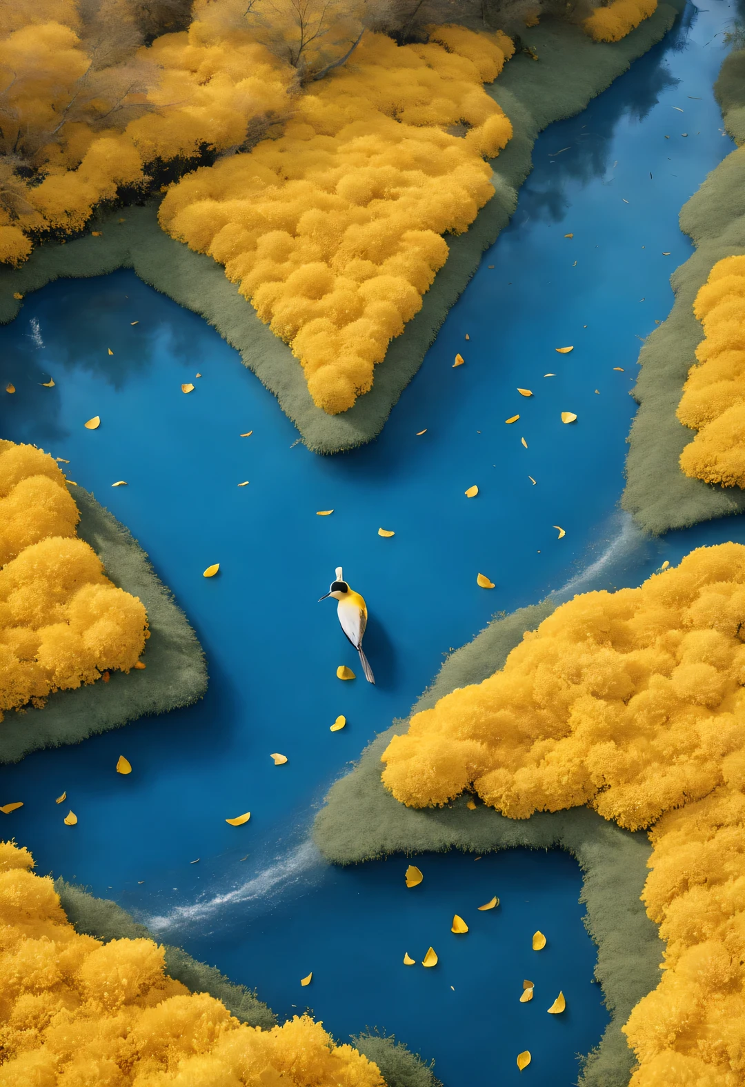 a large teardrop shaped river,Surrounded by thick yellow rose petals, blue lake, National Geographic photography style, Exaggerated visual composition and color, bird's eye perspective photography, groundbreaking color photography, Complex weaving, documentary photography, Vibrant and exaggerated scenery,