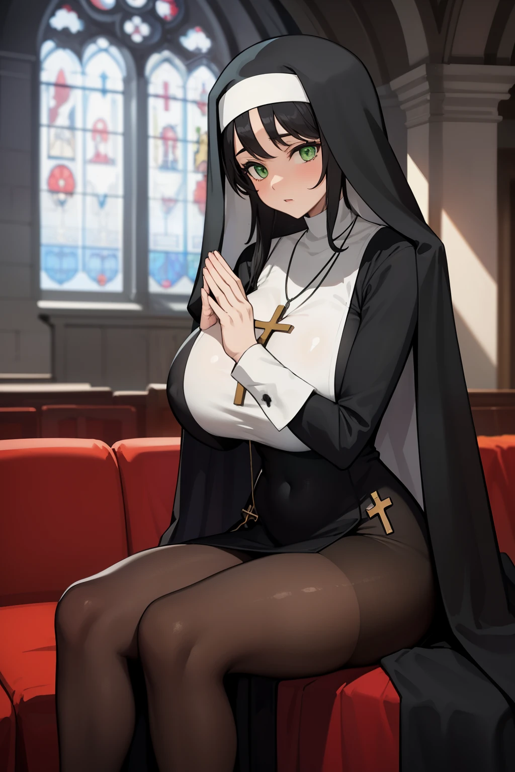 masterpiece, best quality,1girl, (huge breasts:1.2)sagging breasts, breasts apart, large areolae, black hair, green eyes ,nun, church ,cross necklace ,praying