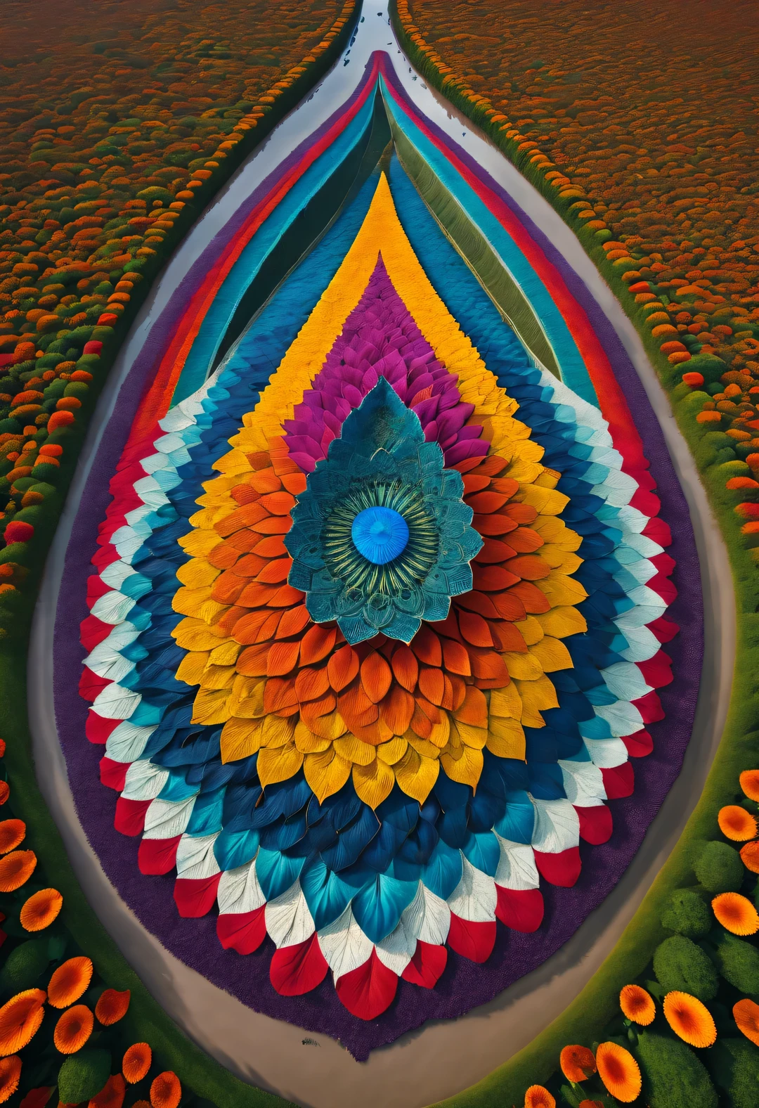 A large teardrop surrounded by dense mandala petals, In the style of National Geographic photography, Exaggerated visual composition and color, bird's eye view style, groundbreaking color photography, Complex weaving, documentary photography, Vibrant and exaggerated scenes,partial reflection,terrace shape