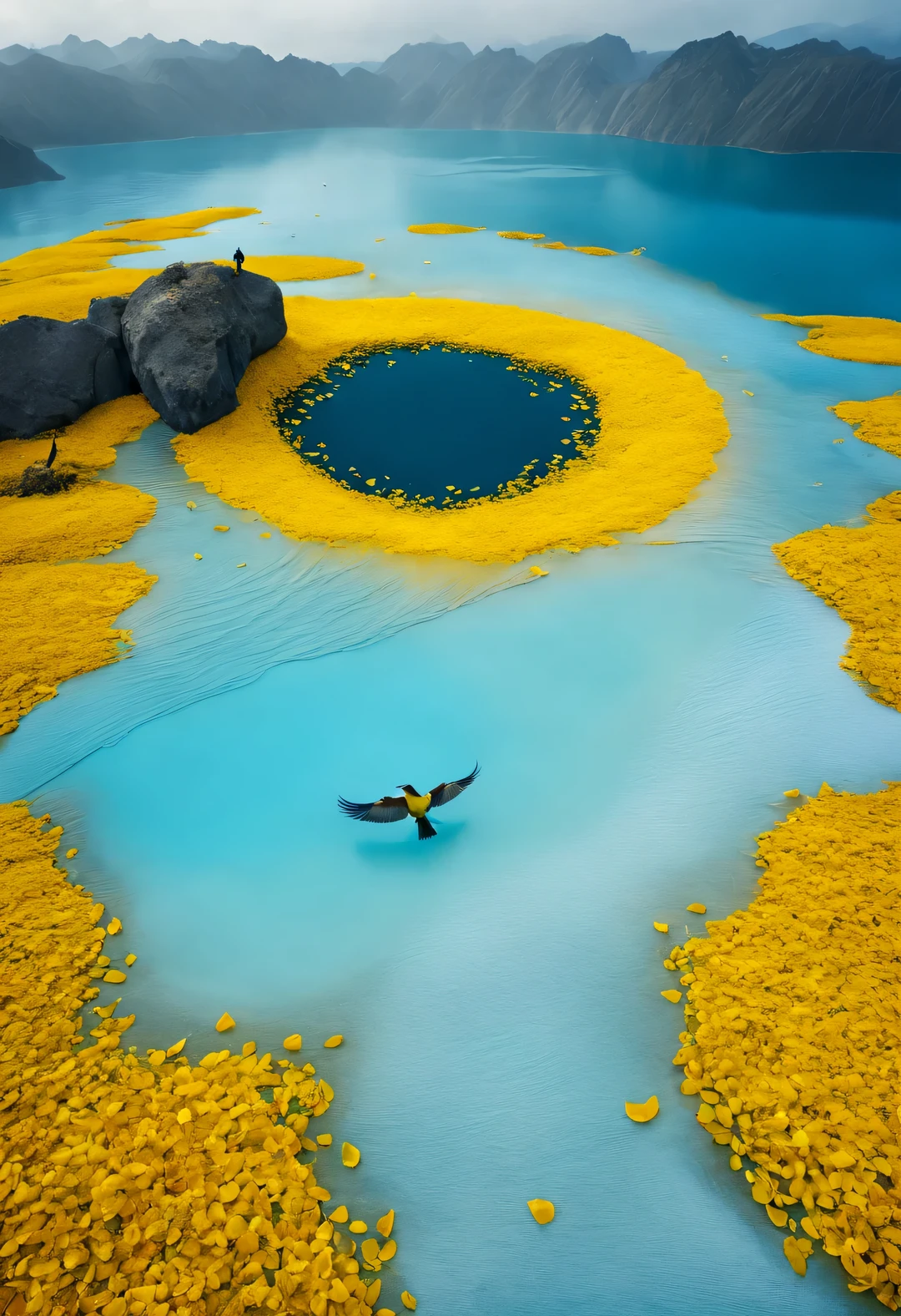 a big teardrop，Surrounded by thick yellow rose petals, blue lake, National Geographic photography style, Exaggerated visual composition and color, bird&#39;s eye view, groundbreaking color photography, Complex weaving, documentary photography, Vibrant and exaggerated scenes,