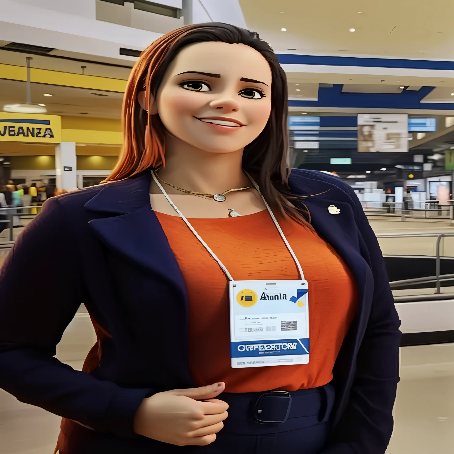 woman in orange shirt and blue jacket standing at airport with luggage, fernanda suarez, Andreia Rocha, Alanis Guillen, by Amélia Peláez, malika favre, Adriana Dxim, Karla Ortiz, por Emerson Silva, Mulher de 30 anos de Cuba, Marisha Becker, por Luis Miranda, por Emma Rios
